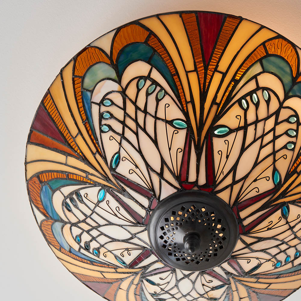 Interiors 1900 Hector Medium 2 Light Flush Fitting Pendant -Handcrafted Tiffany Style Glass