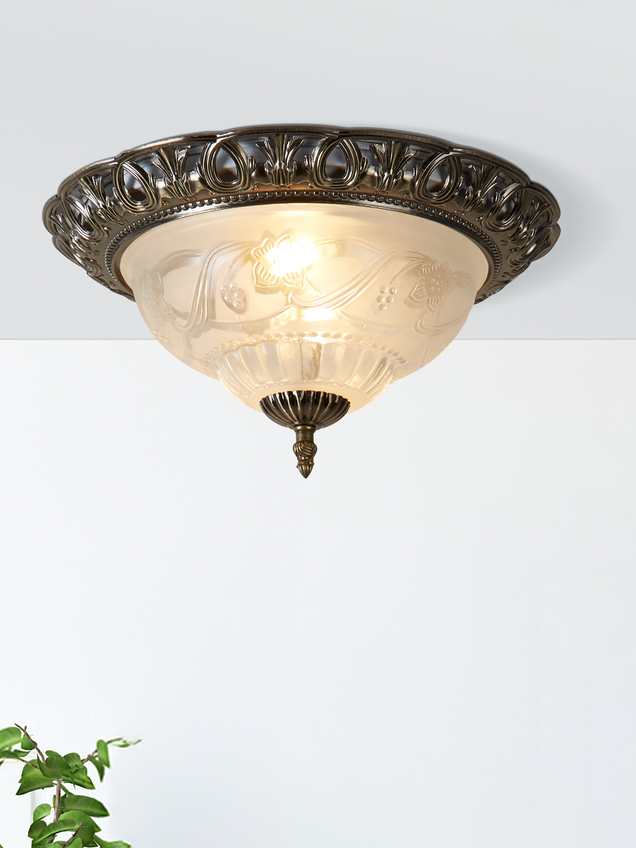 Searchlight Angela Antique Brass Flush Light With Clear & Frosted Glass Diffuser