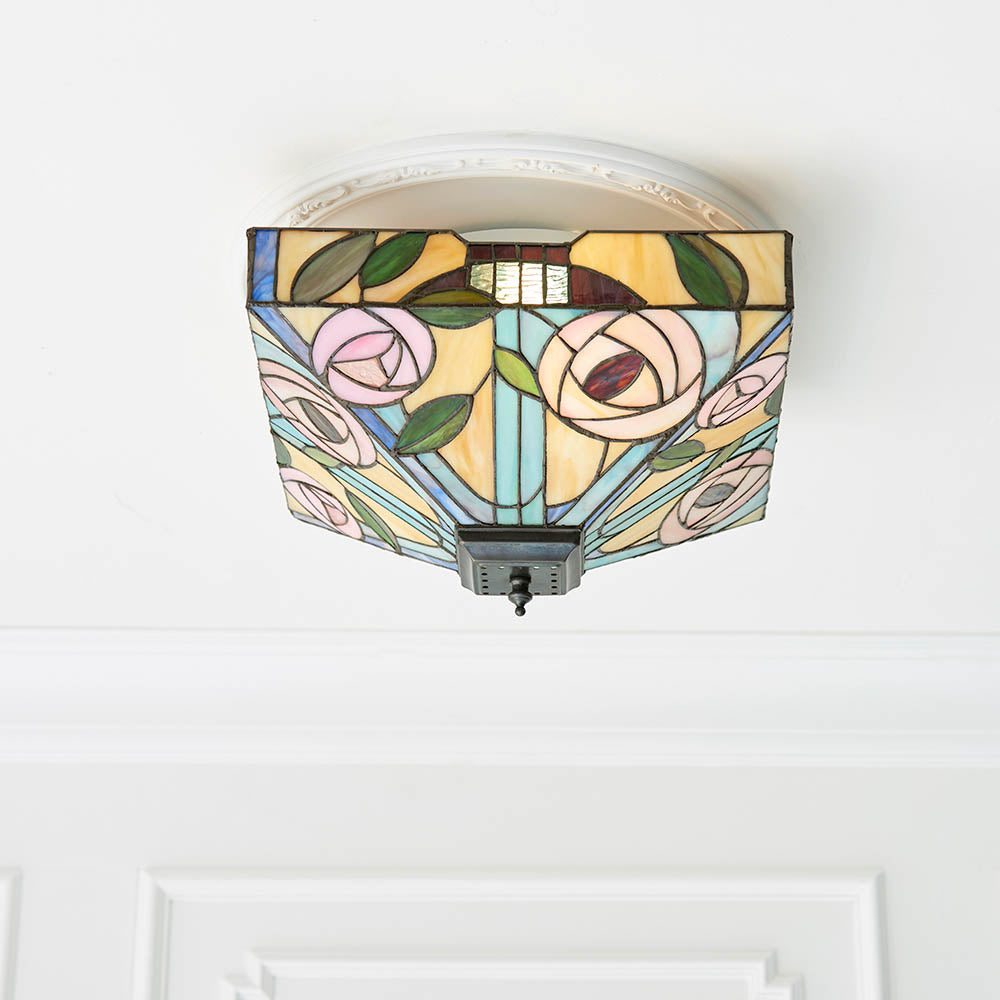 Interiors 1900 Willow Medium 2 Light Flush Fitting Pendant -Handcrafted Tiffany Style Glass