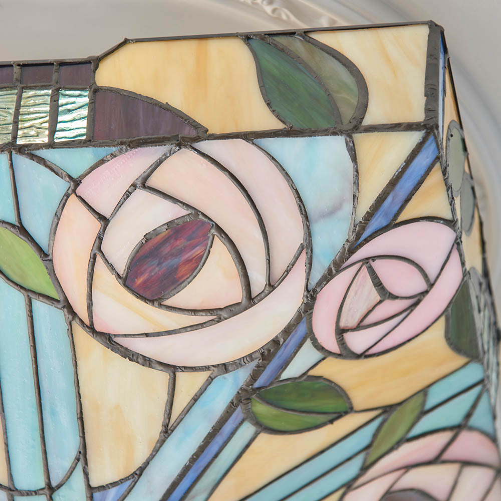 Interiors 1900 Willow Medium 2 Light Flush Fitting Pendant -Handcrafted Tiffany Style Glass