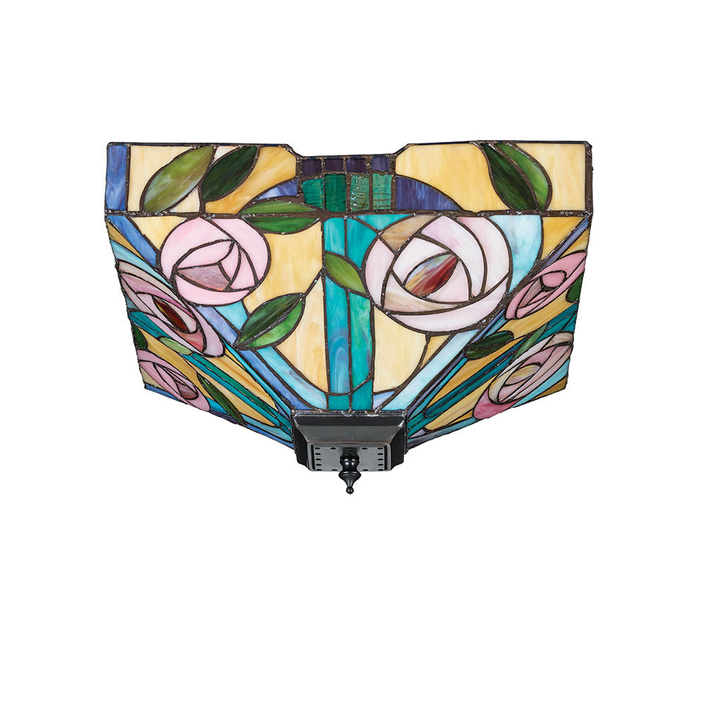 Interiors 1900 Willow Medium 2 Light Flush Fitting Pendant -Handcrafted Tiffany Style Glass
