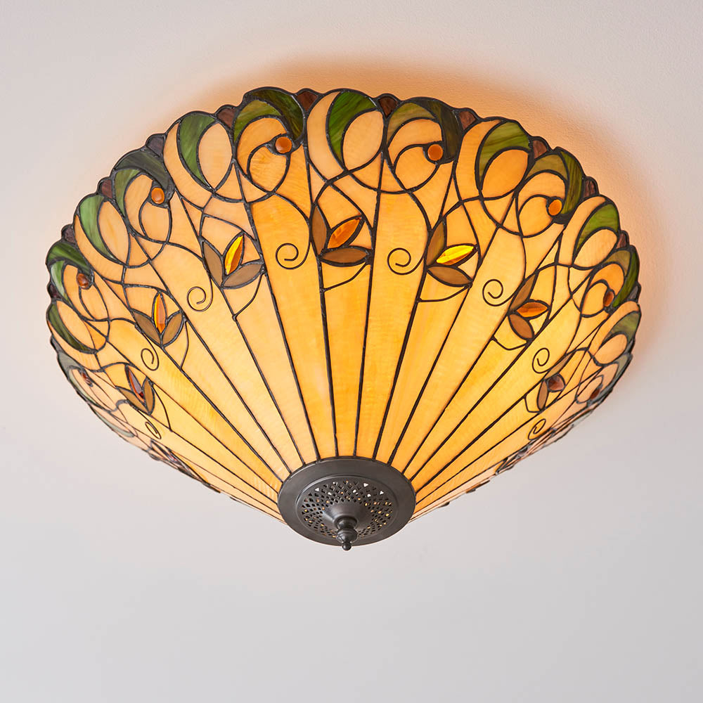 Interiors 1900 Jamelia Large 2 Light Flush Fitting Pendant -Handcrafted Tiffany Style Glass
