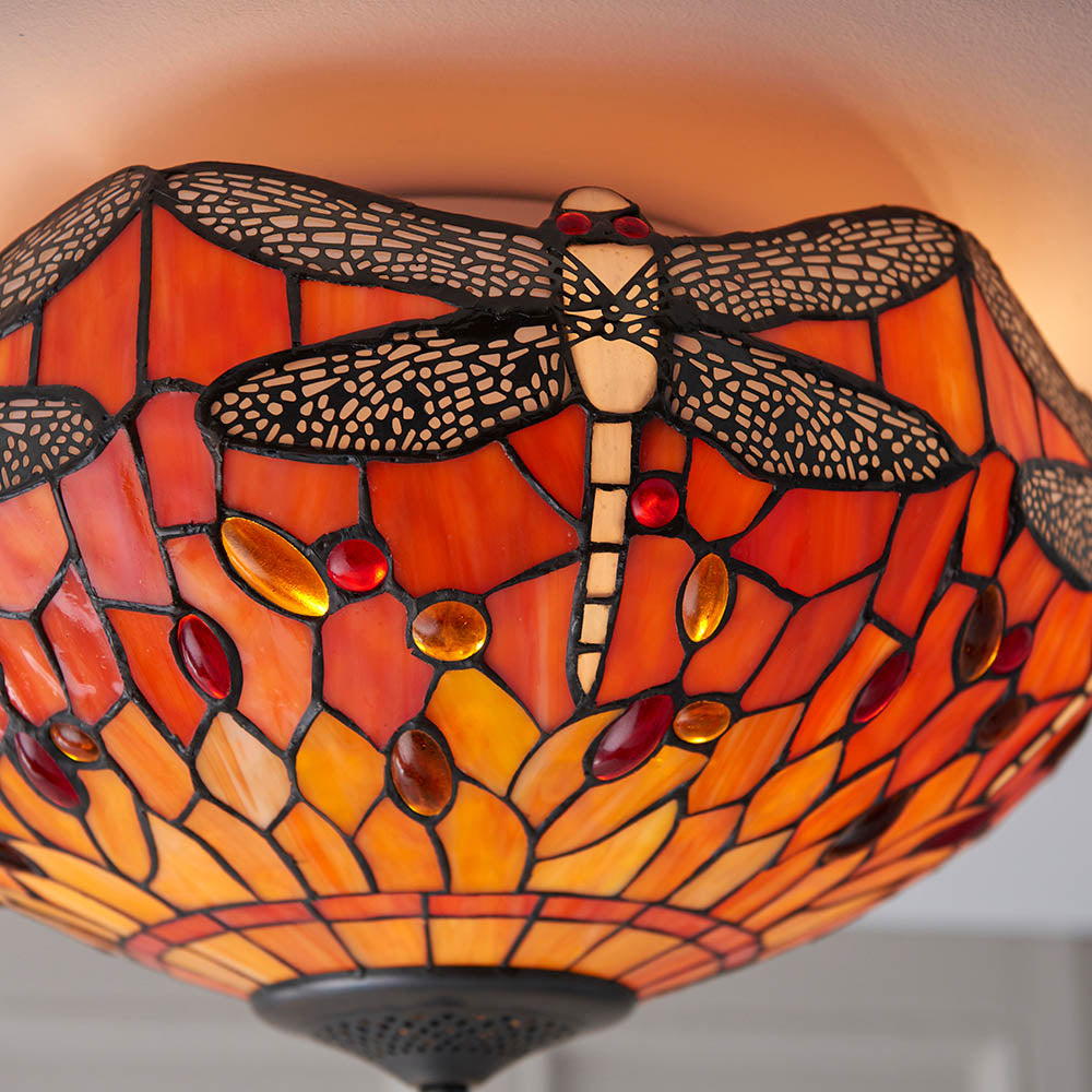 Interiors 1900 Dragonfly Flame Medium 2 Light Flush Fitting Pendant -Handcrafted Tiffany Style Glass
