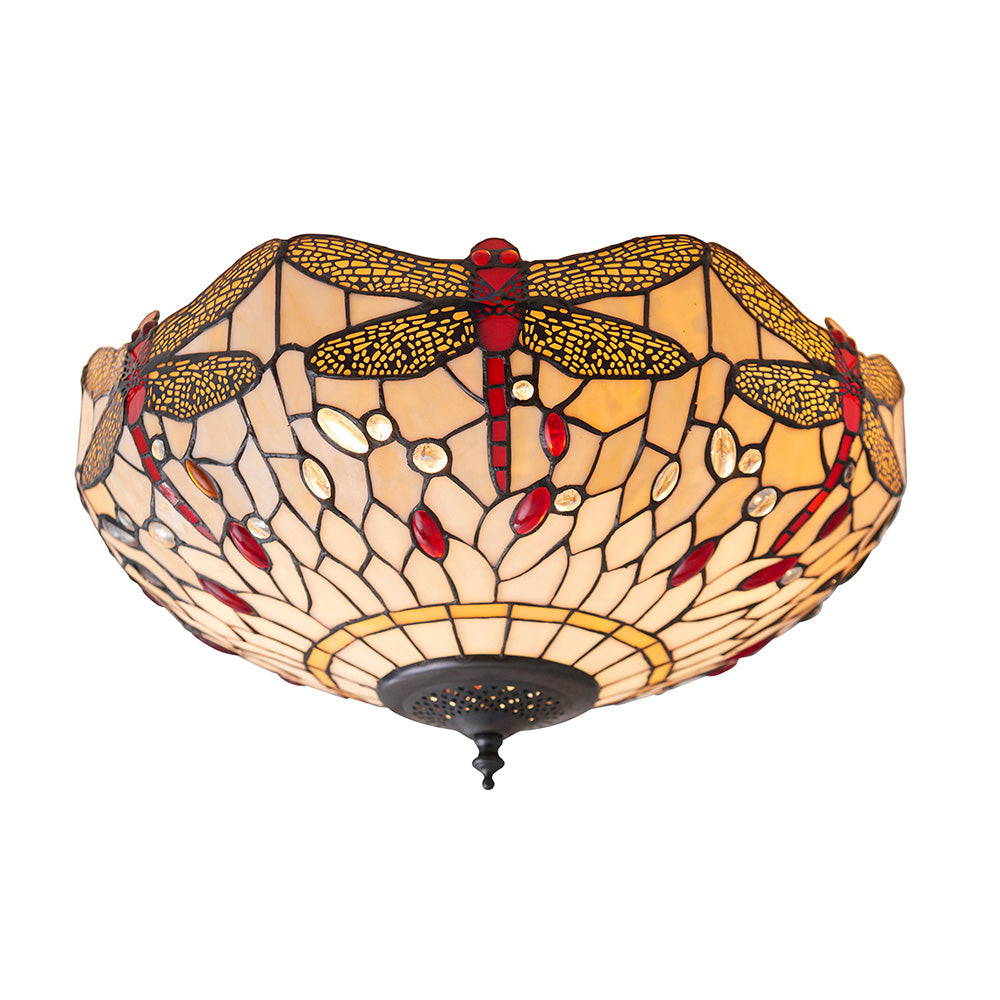 Interiors 1900 Dragonfly Beige Medium 2 Light Flush Fitting Pendant -Handcrafted Tiffany Style Glass