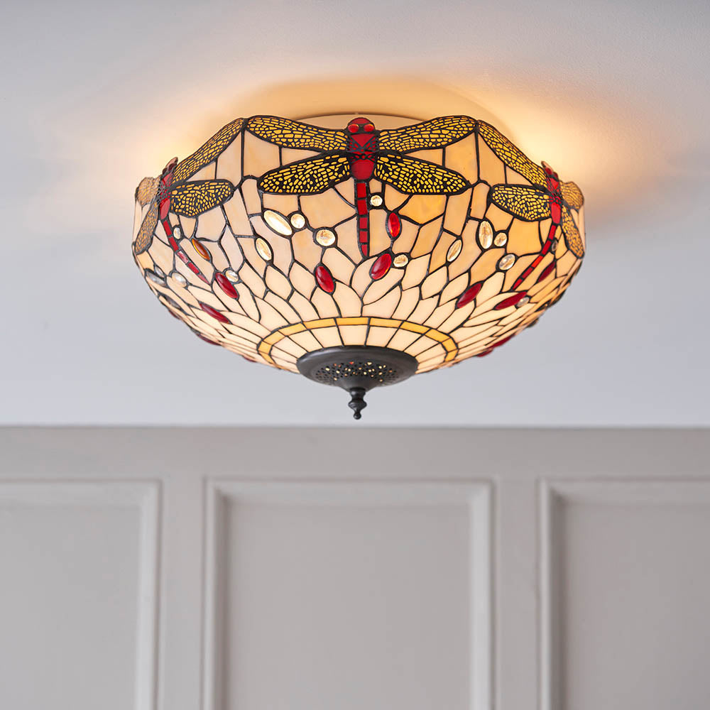 Interiors 1900 Dragonfly Beige Medium 2 Light Flush Fitting Pendant -Handcrafted Tiffany Style Glass