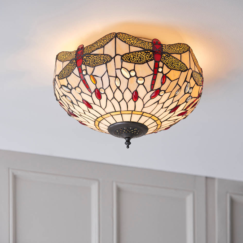 Interiors 1900 Dragonfly Beige Medium 2 Light Flush Fitting Pendant -Handcrafted Tiffany Style Glass