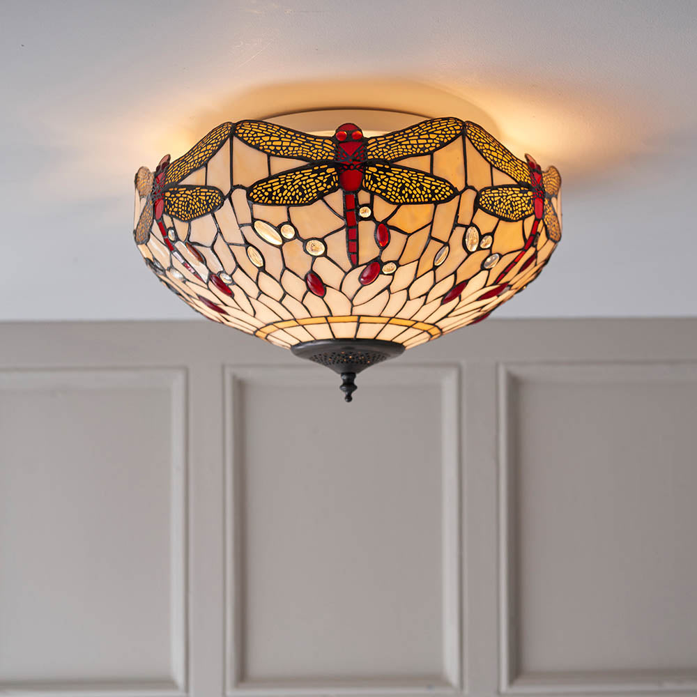 Interiors 1900 Dragonfly Beige Medium 2 Light Flush Fitting Pendant -Handcrafted Tiffany Style Glass
