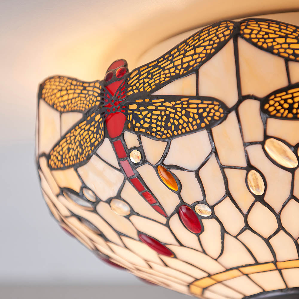 Interiors 1900 Dragonfly Beige Medium 2 Light Flush Fitting Pendant -Handcrafted Tiffany Style Glass