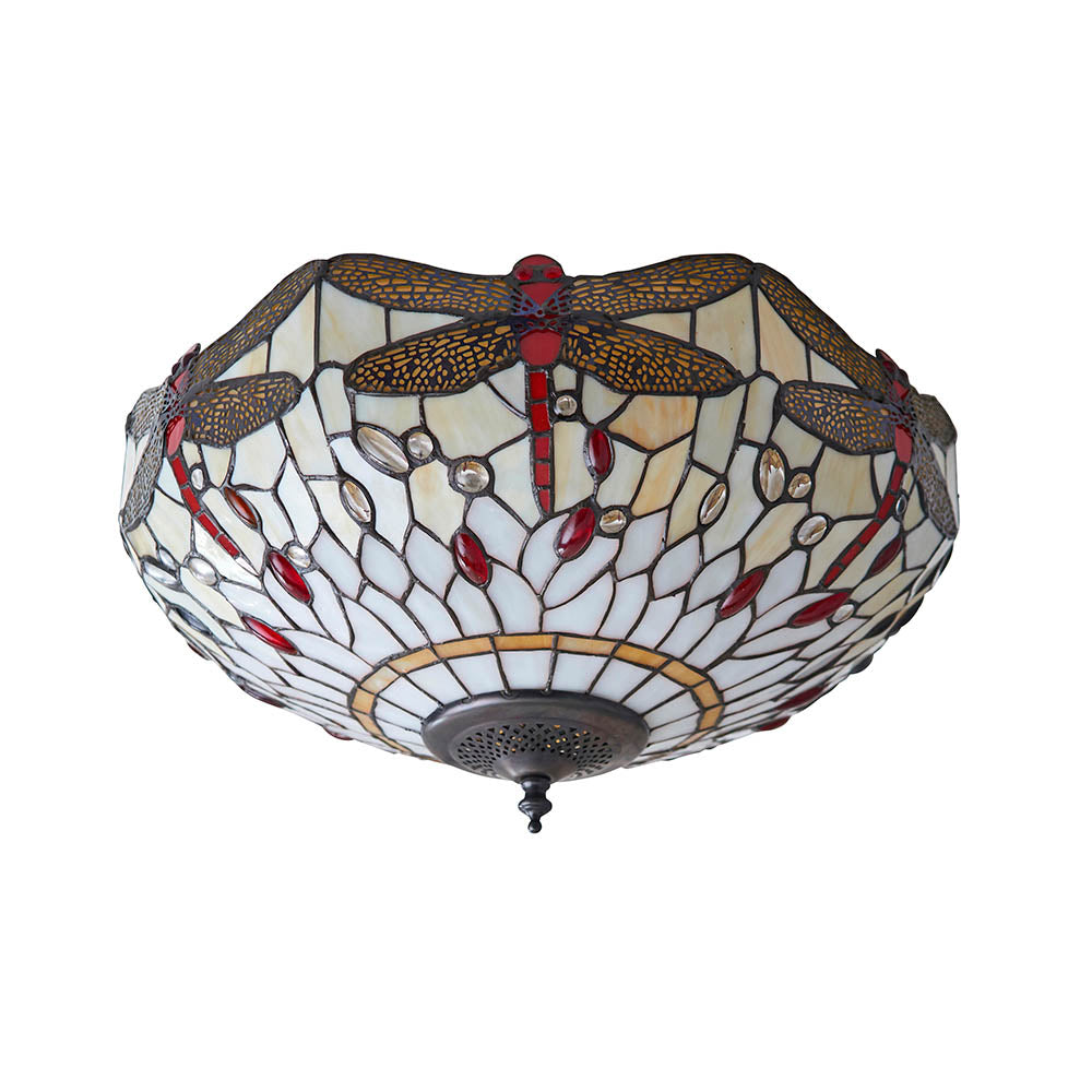 Interiors 1900 Dragonfly Beige Medium 2 Light Flush Fitting Pendant -Handcrafted Tiffany Style Glass