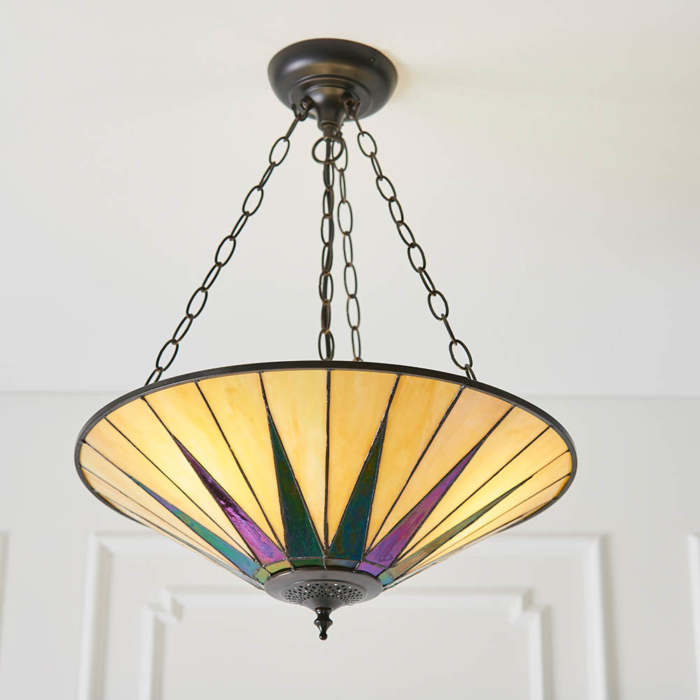 Interiors 1900 Dark Star Large Inverted 3 Light Pendant - Handcrafted Tiffany Style Glass