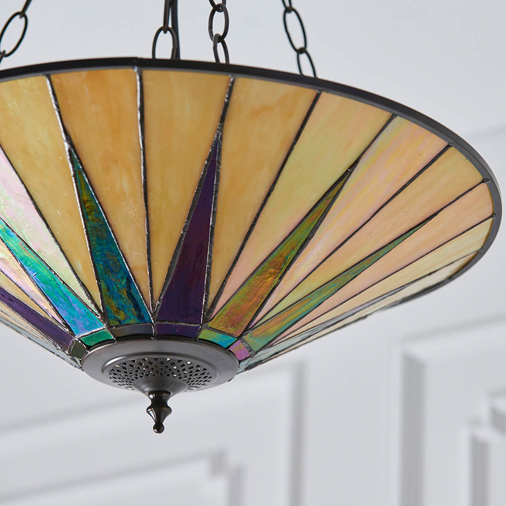 Interiors 1900 Dark Star Large Inverted 3 Light Pendant - Handcrafted Tiffany Style Glass