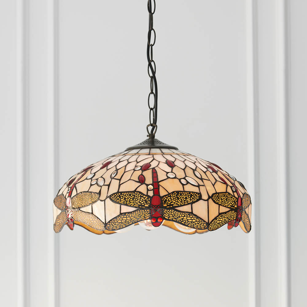Interiors 1900 Dragonfly Beige Medium 3 Light Pendant - Handcrafted Tiffany Style Glass