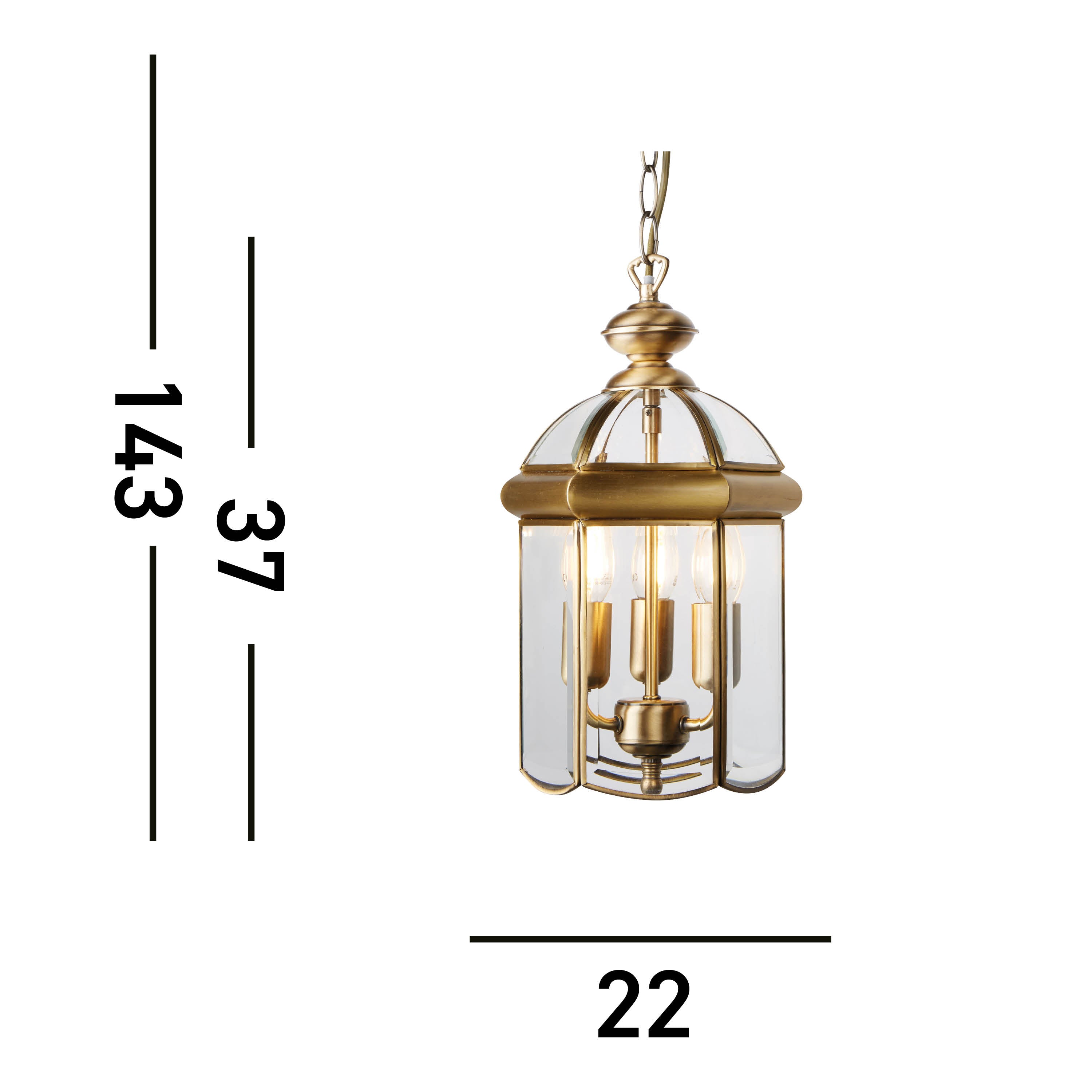 Searchlight Angela Antique Brass 3 Light Domed Lantern With Bevelled Glass Panels, Adjustable