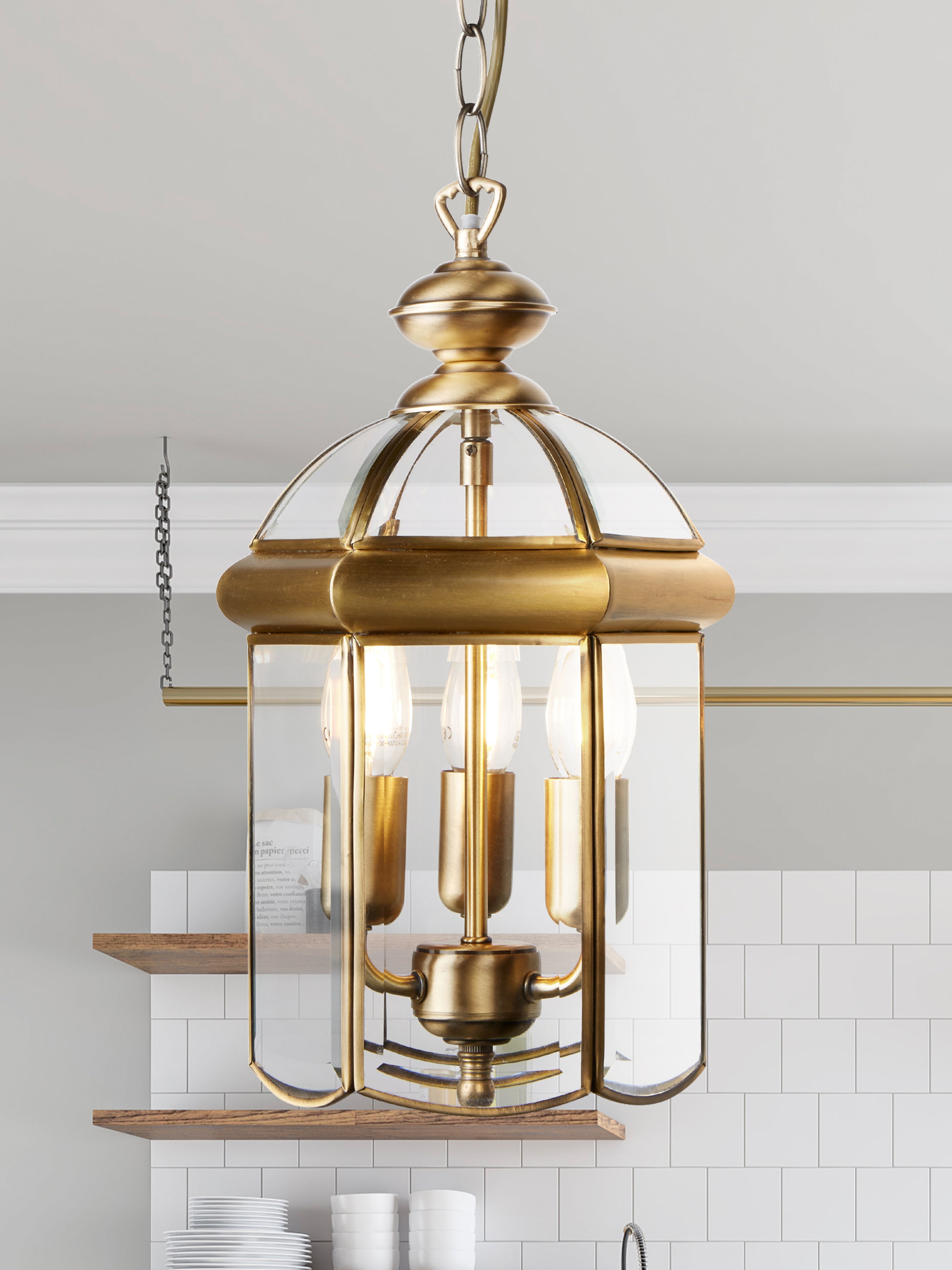 Searchlight Angela Antique Brass 3 Light Domed Lantern With Bevelled Glass Panels, Adjustable