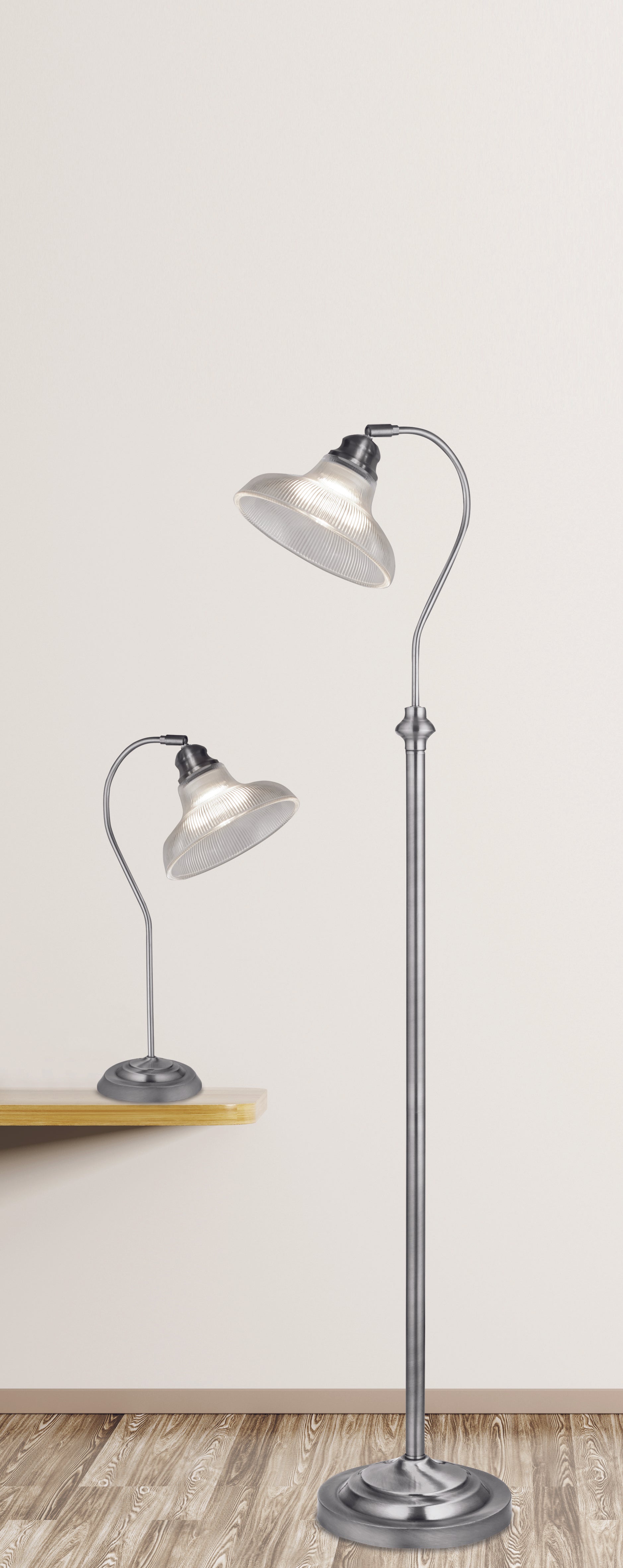 Searchlight Beech III Floor Lamp - Satin Silver & Holophane Style Glass