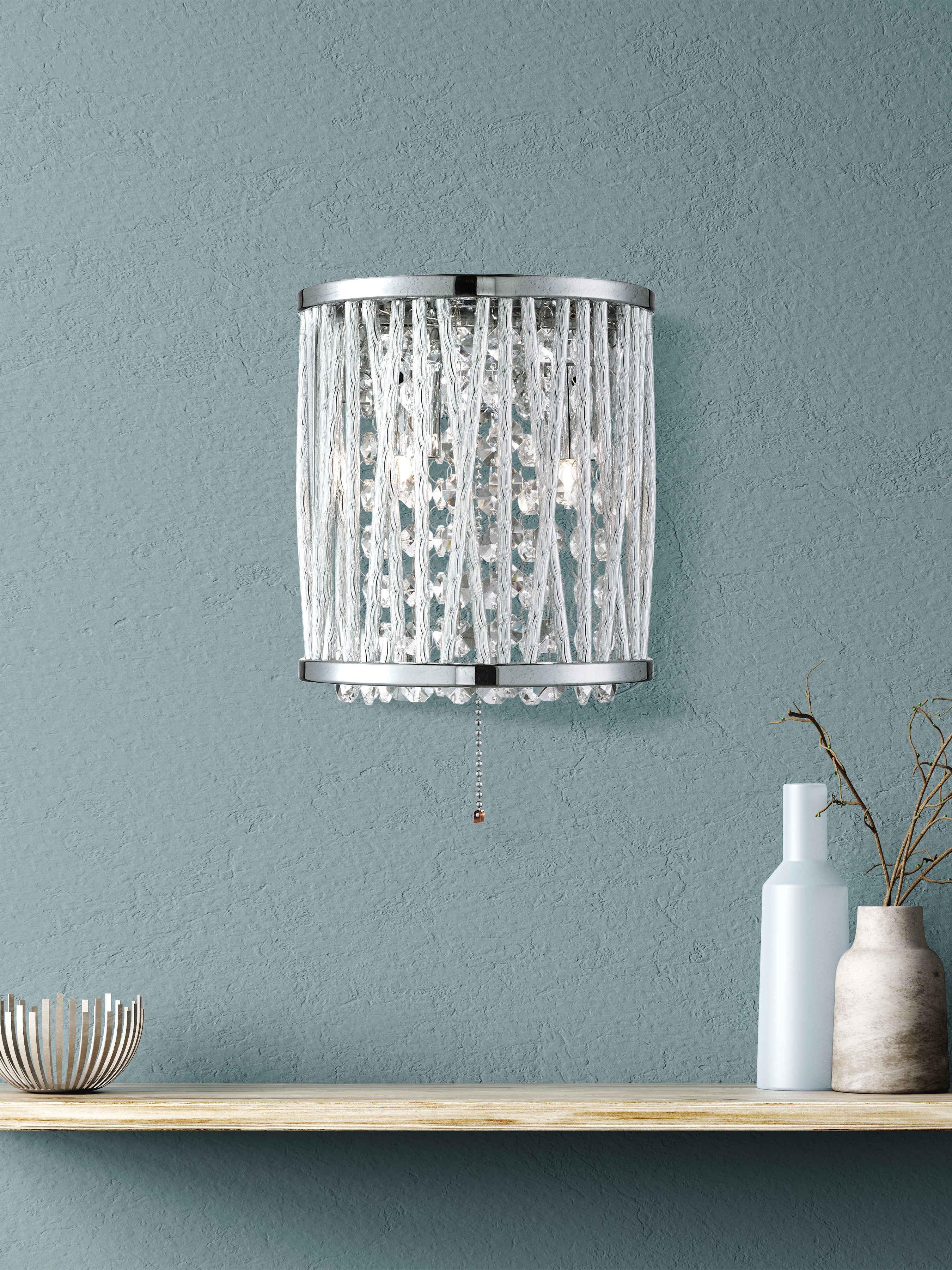 Searchlight Edgeware 2 Light Wall Bracket, Chrome, Clear Crystal Button Drops, Aluminium Tubes Trim