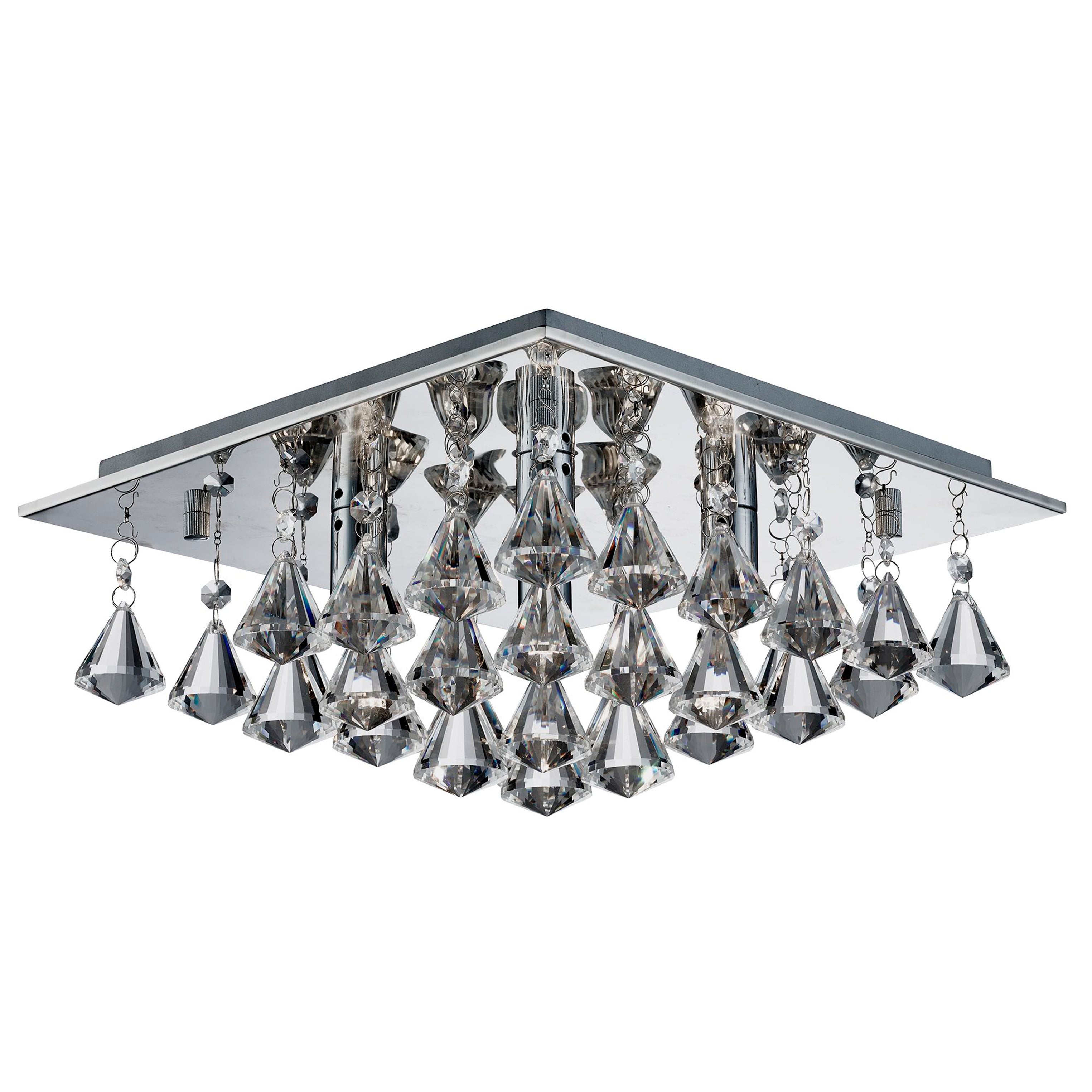 Searchlight Hampstead - 4 Light Square Flush Ceiling, Chrome, Clear Crystal Pyramid Drops