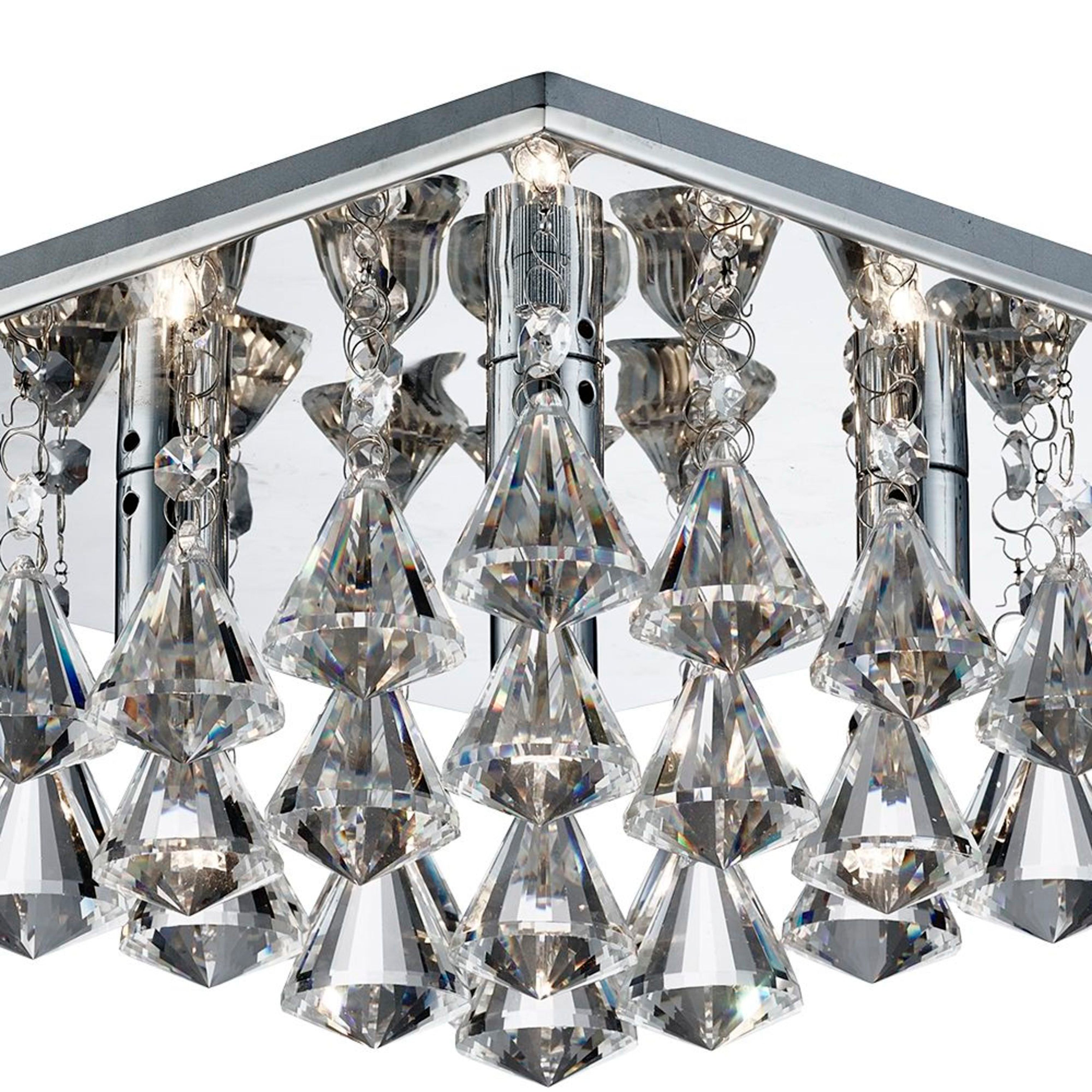 Searchlight Hampstead - 4 Light Square Flush Ceiling, Chrome, Clear Crystal Pyramid Drops