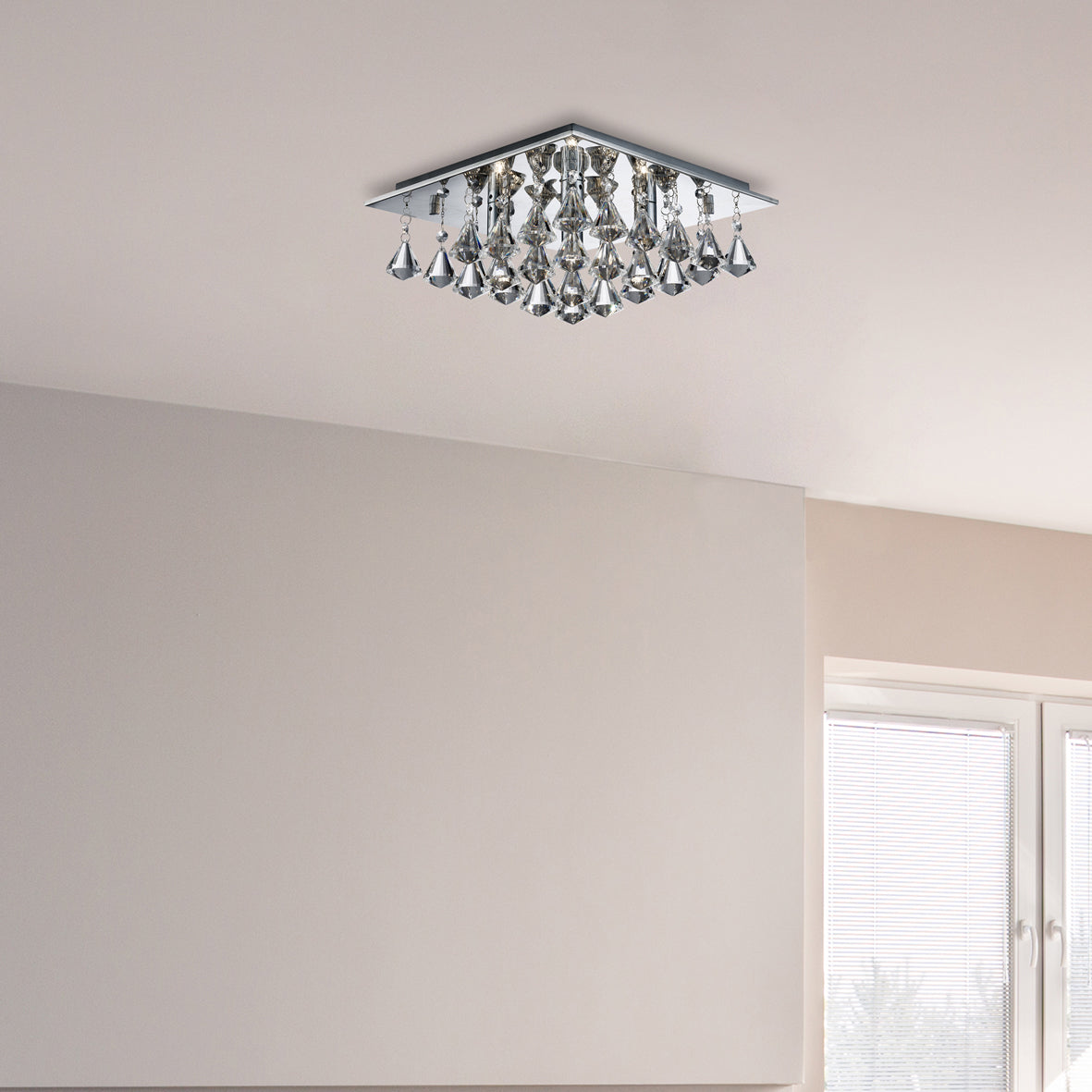 Searchlight Hampstead - 4 Light Square Flush Ceiling, Chrome, Clear Crystal Pyramid Drops