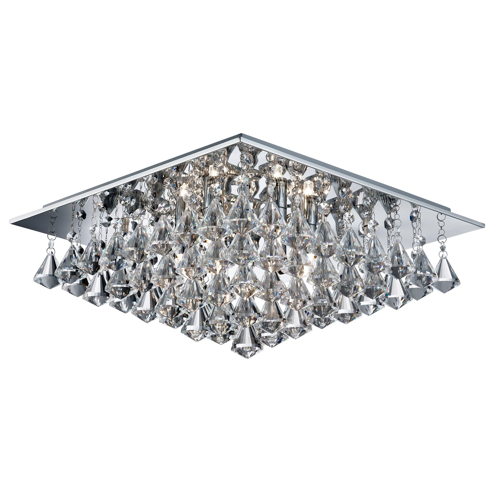 Searchlight Hampstead - 6 Light Square Flush Ceiling, Chrome, Clear Crystal Pyramid Drops