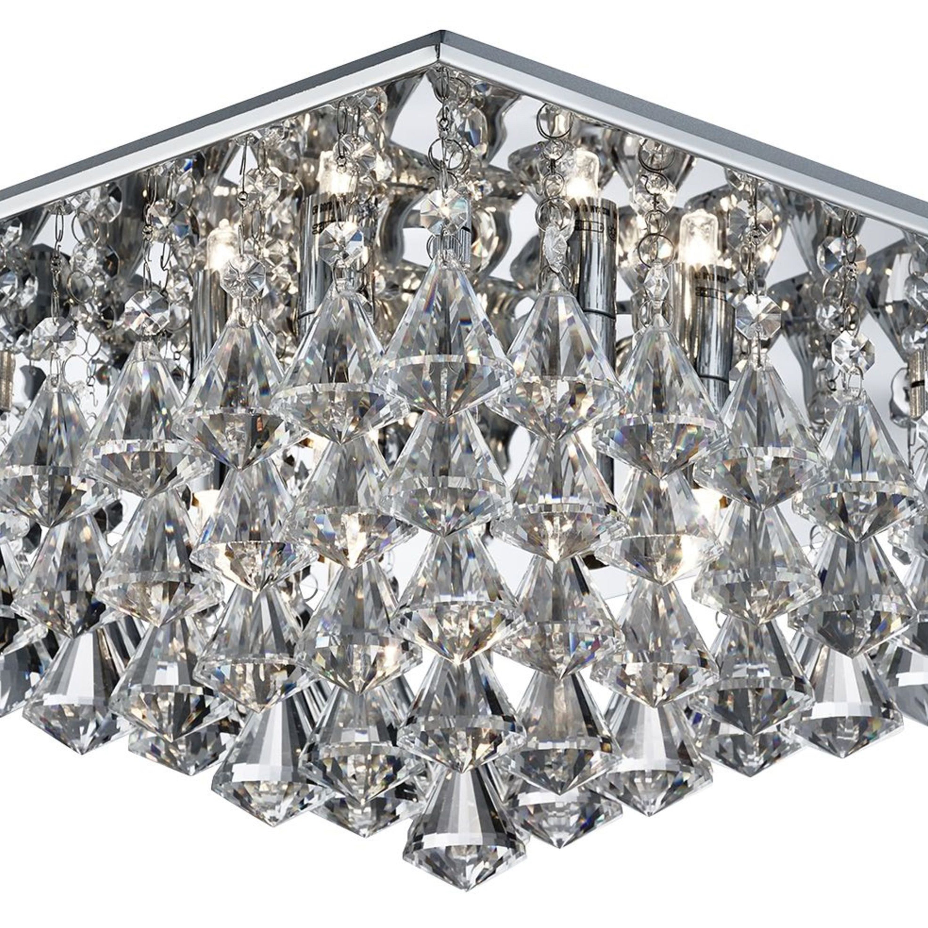 Searchlight Hampstead - 6 Light Square Flush Ceiling, Chrome, Clear Crystal Pyramid Drops