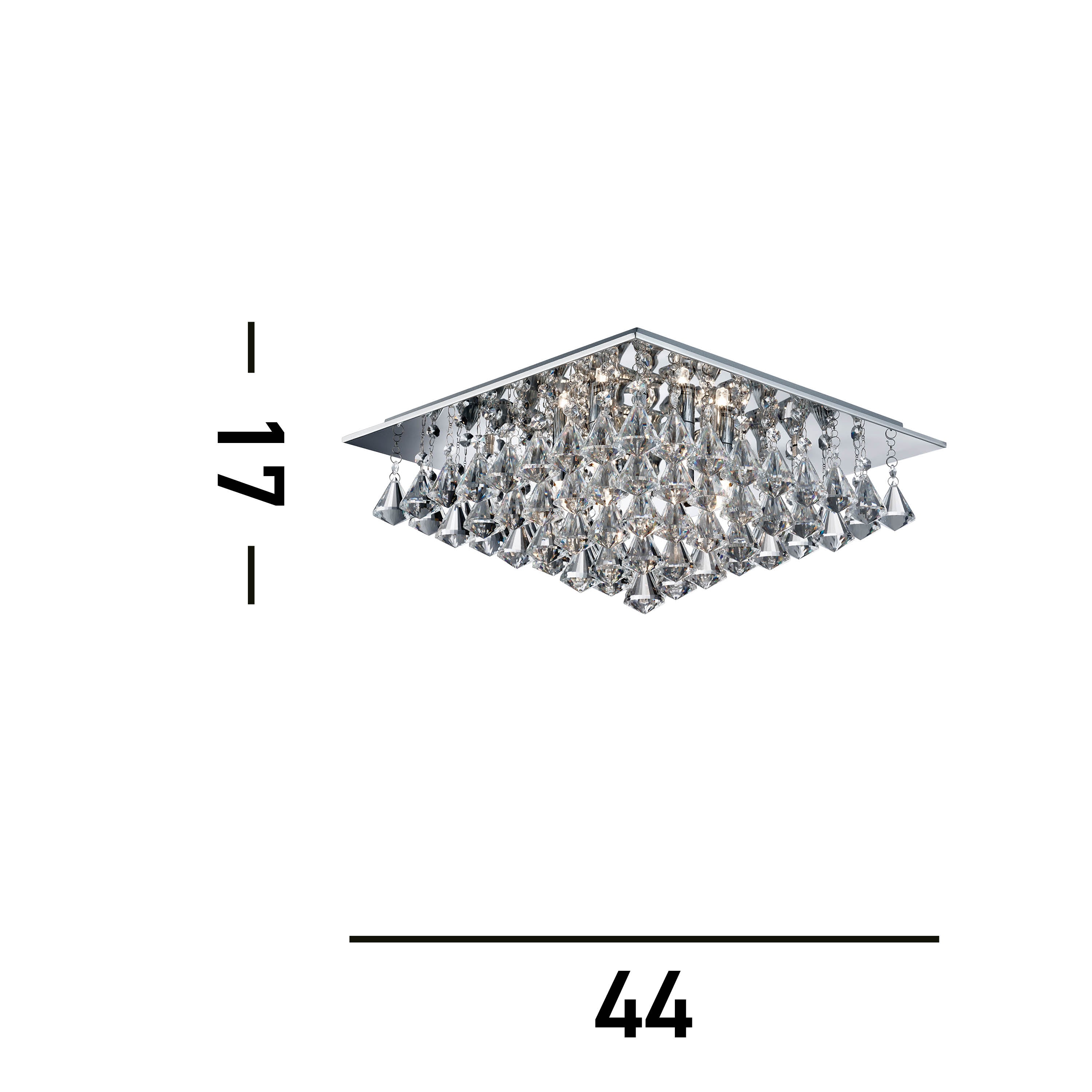 Searchlight Hampstead - 6 Light Square Flush Ceiling, Chrome, Clear Crystal Pyramid Drops