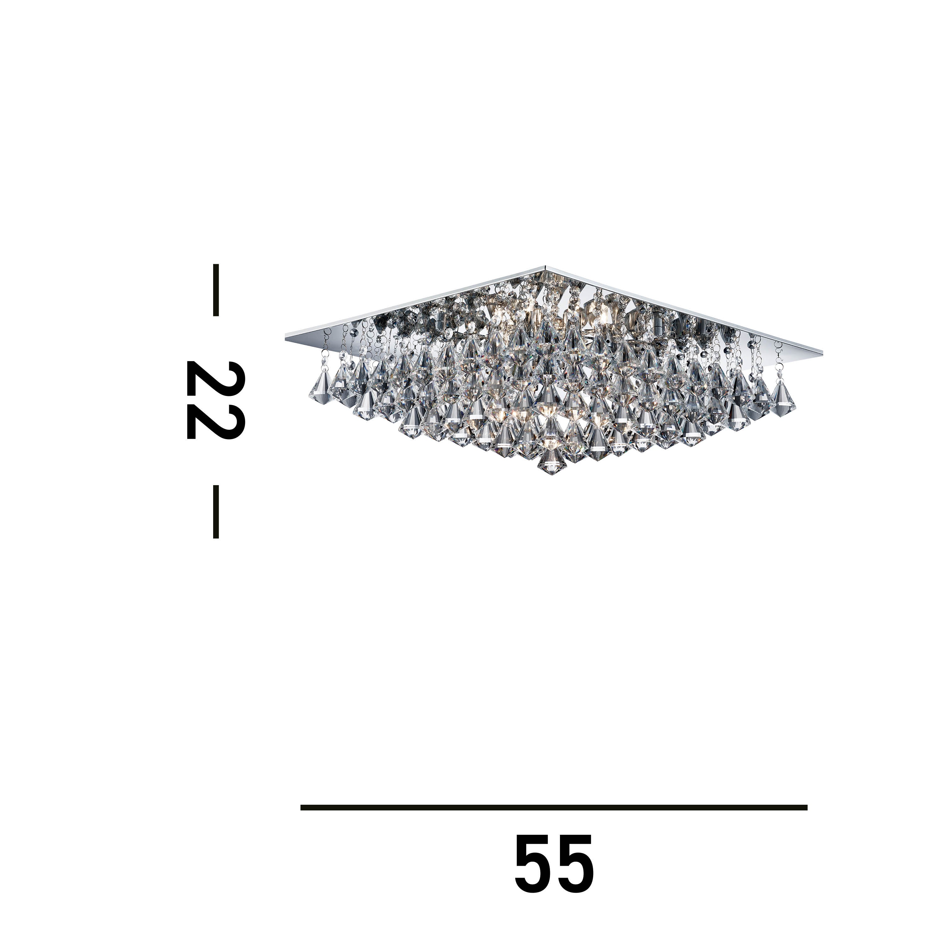 Searchlight Hampstead - 8 Light Square Flush Ceiling, Chrome, Clear Crystal Pyramid Drops