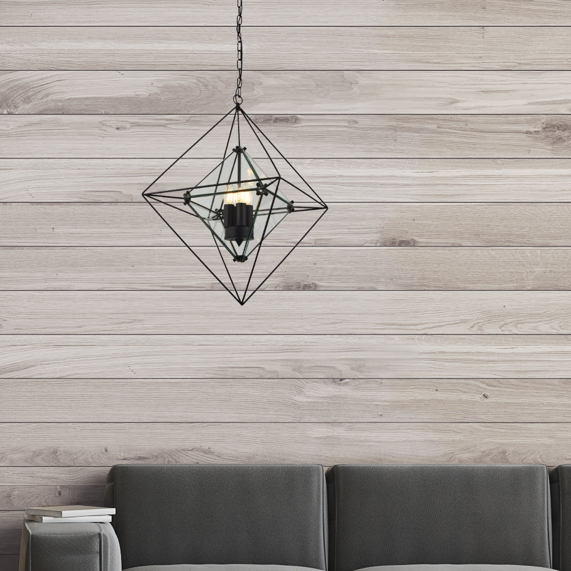 Searchlight Danube 3 Light Ceiling Pendant - Black & Clear Glass