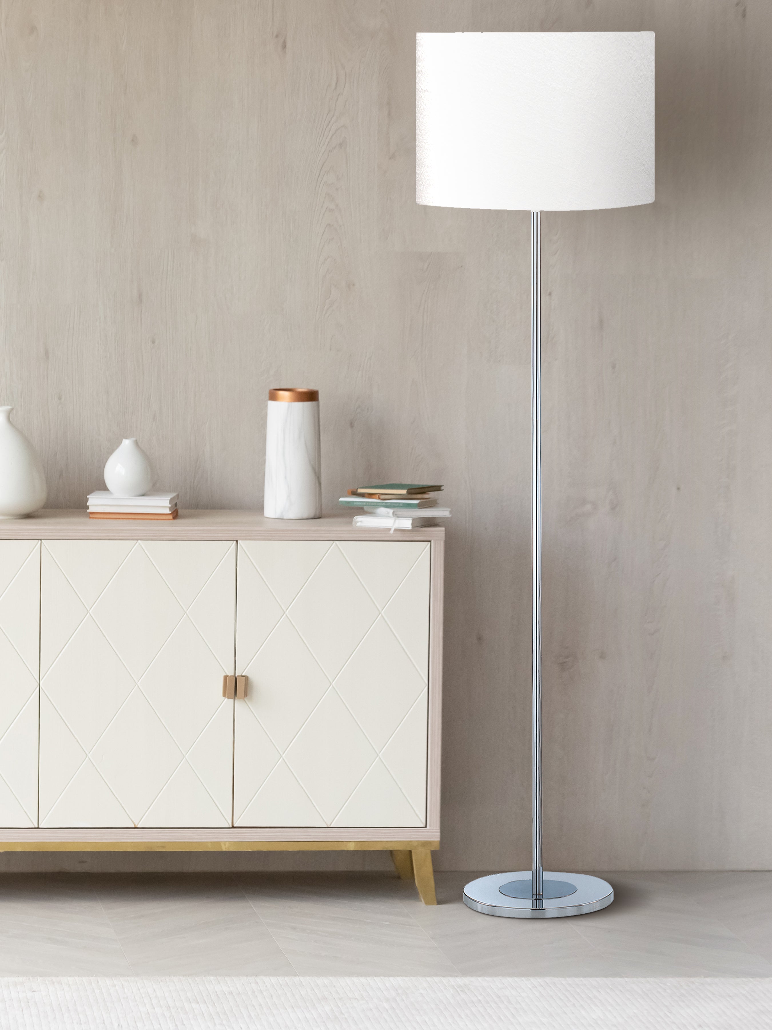 Searchlight Calder Floor Lamp - Chrome Round Base Ivory Drum Shade