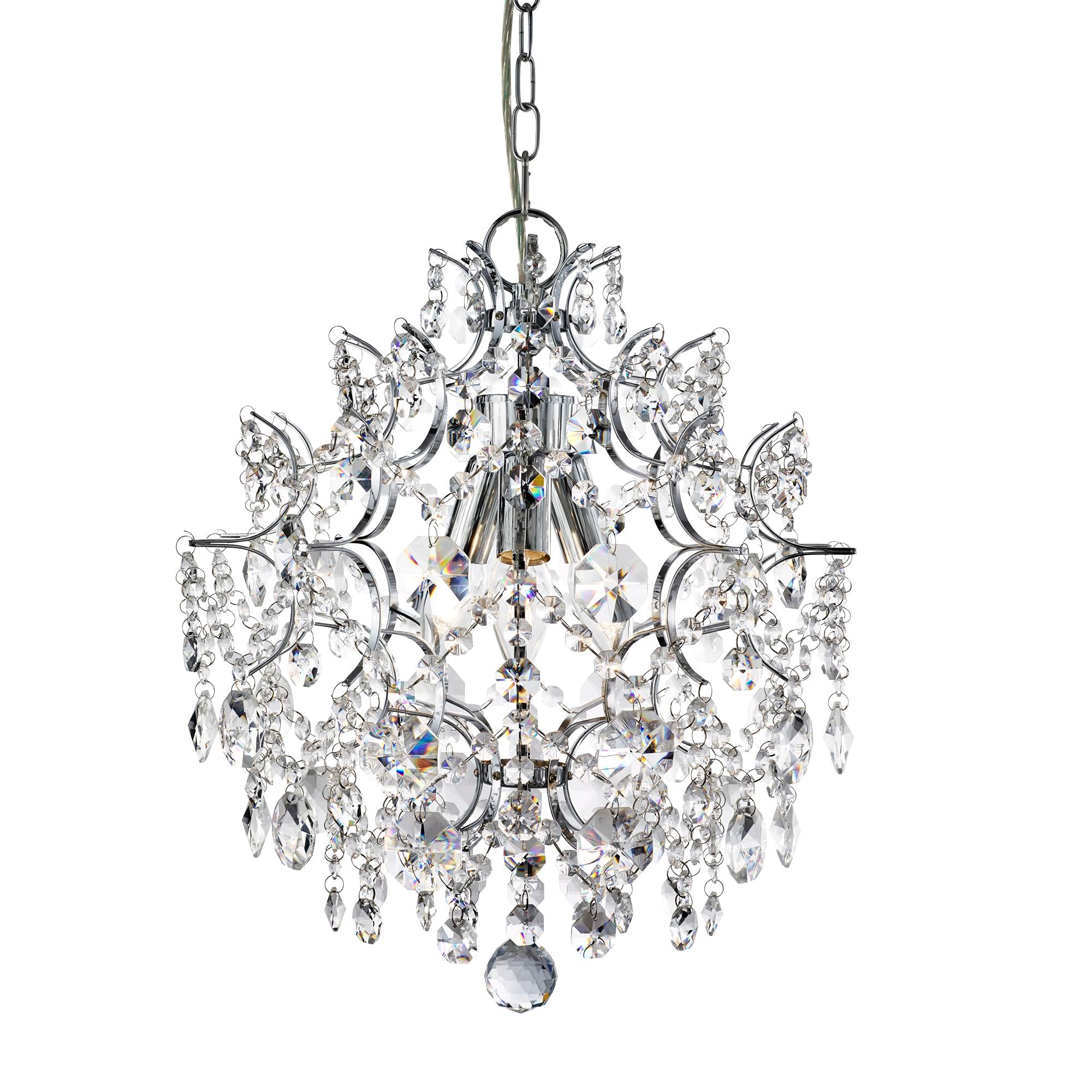 Searchlight Harry - 3 Light Pendant, Chrome With Hexagonal Crystal Drops & Buttons