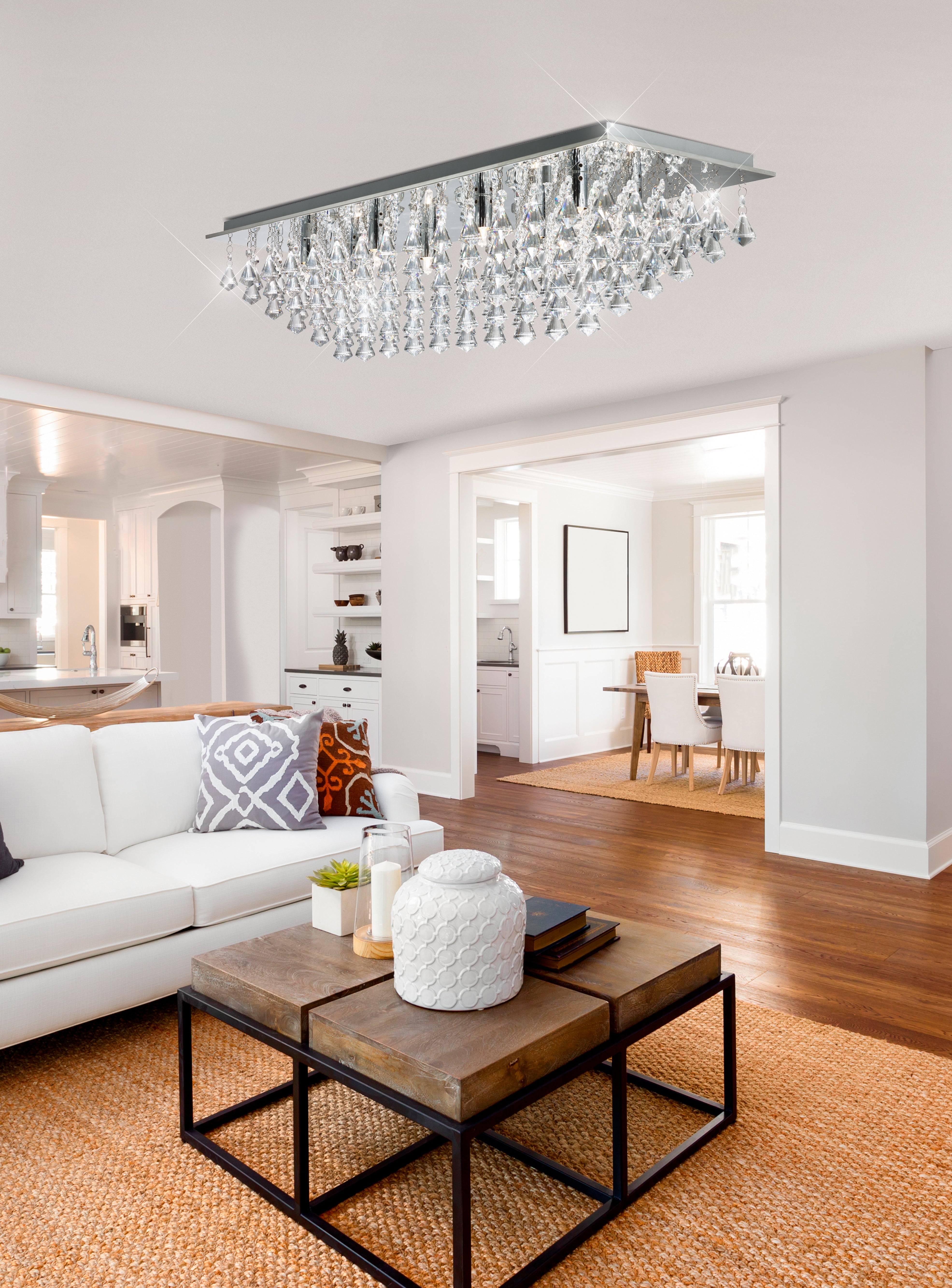 Searchlight Hampstead - 8 Light Rectangle Flush, Chrome, Crystal Pyramid Drops