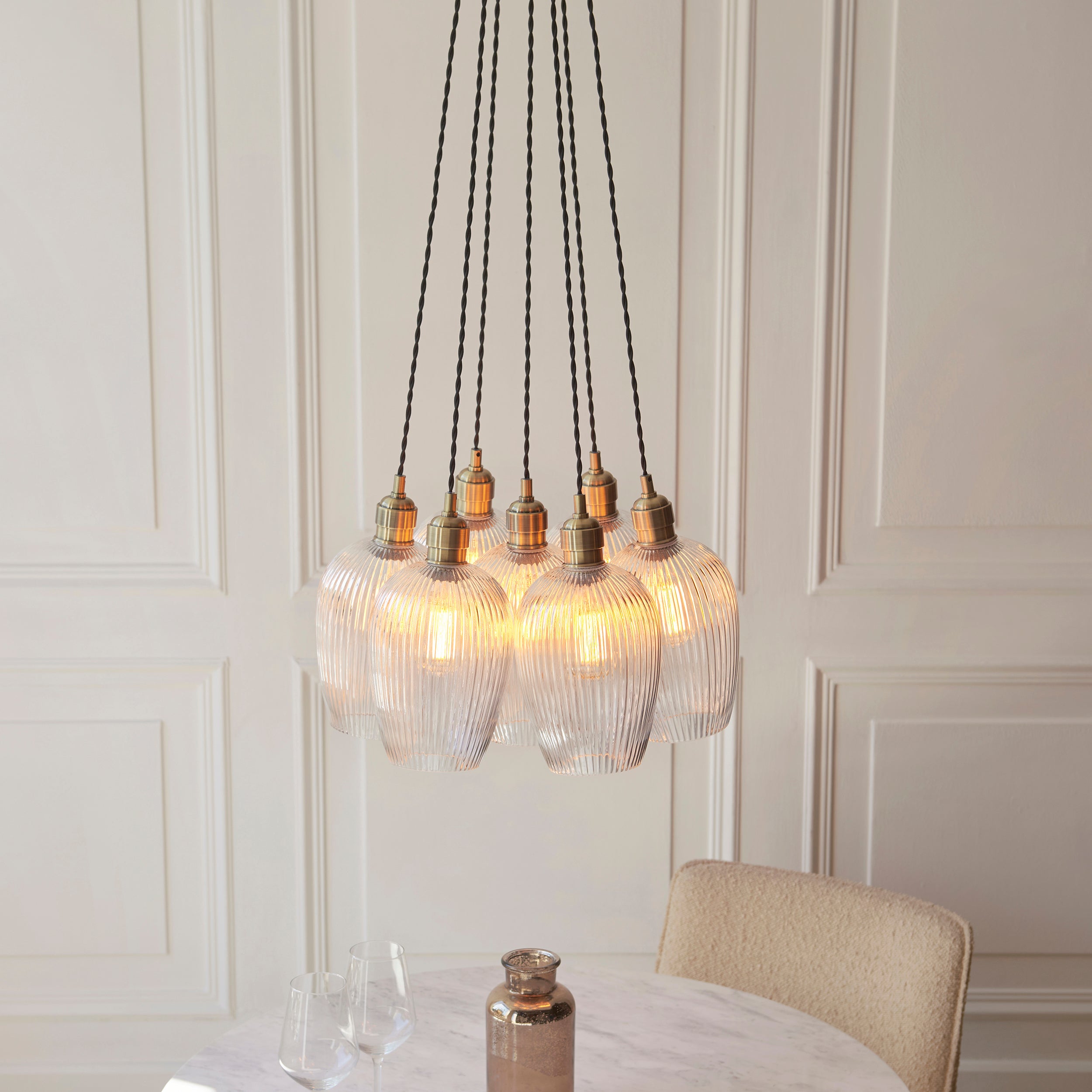 Utopia Finesse 7 Light Cluster Ceiling Pendant - Antique Brass & Clear Ribbed Glass