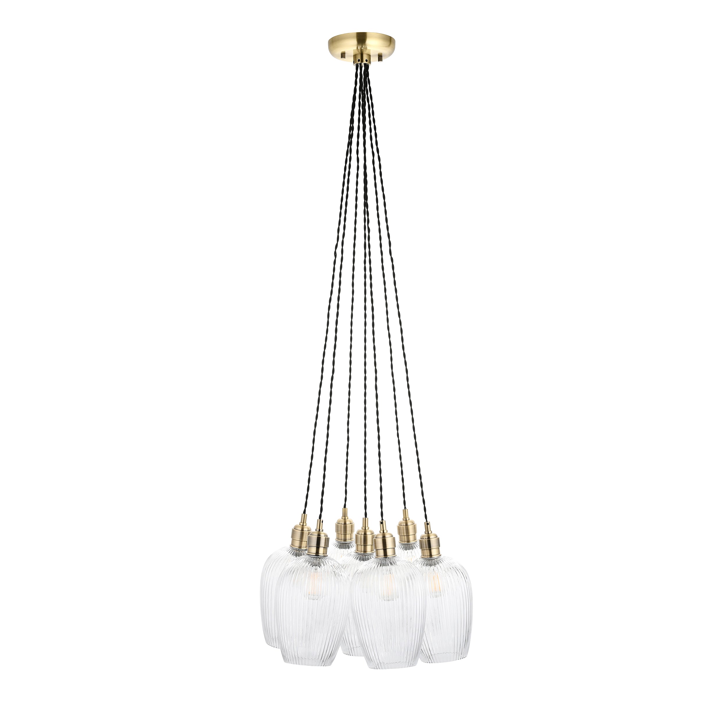 Utopia Finesse 7 Light Cluster Ceiling Pendant - Antique Brass & Clear Ribbed Glass