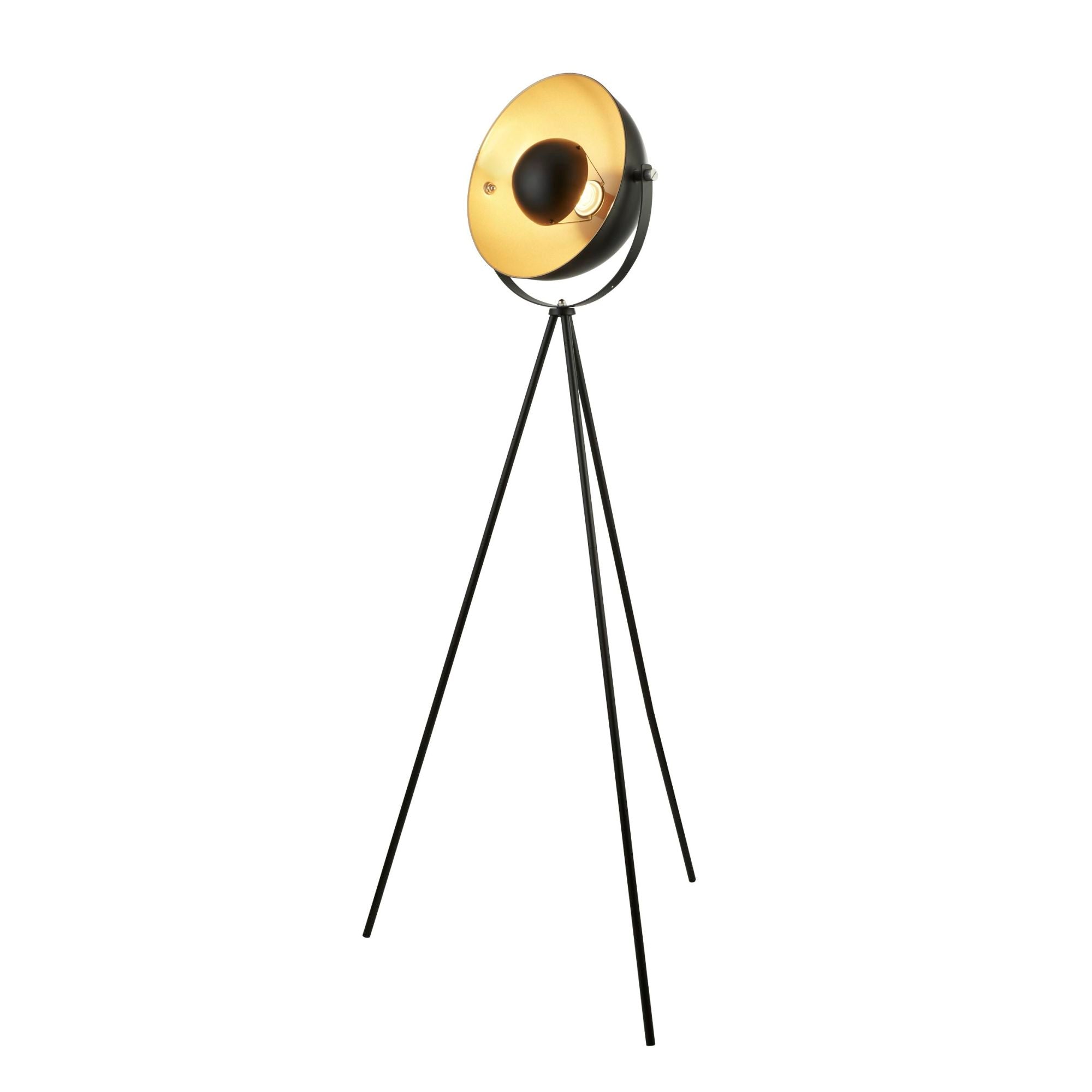 Searchlight Belgrave Single Tripod Floor Lamp, Matt Black With Gold Shade Interior