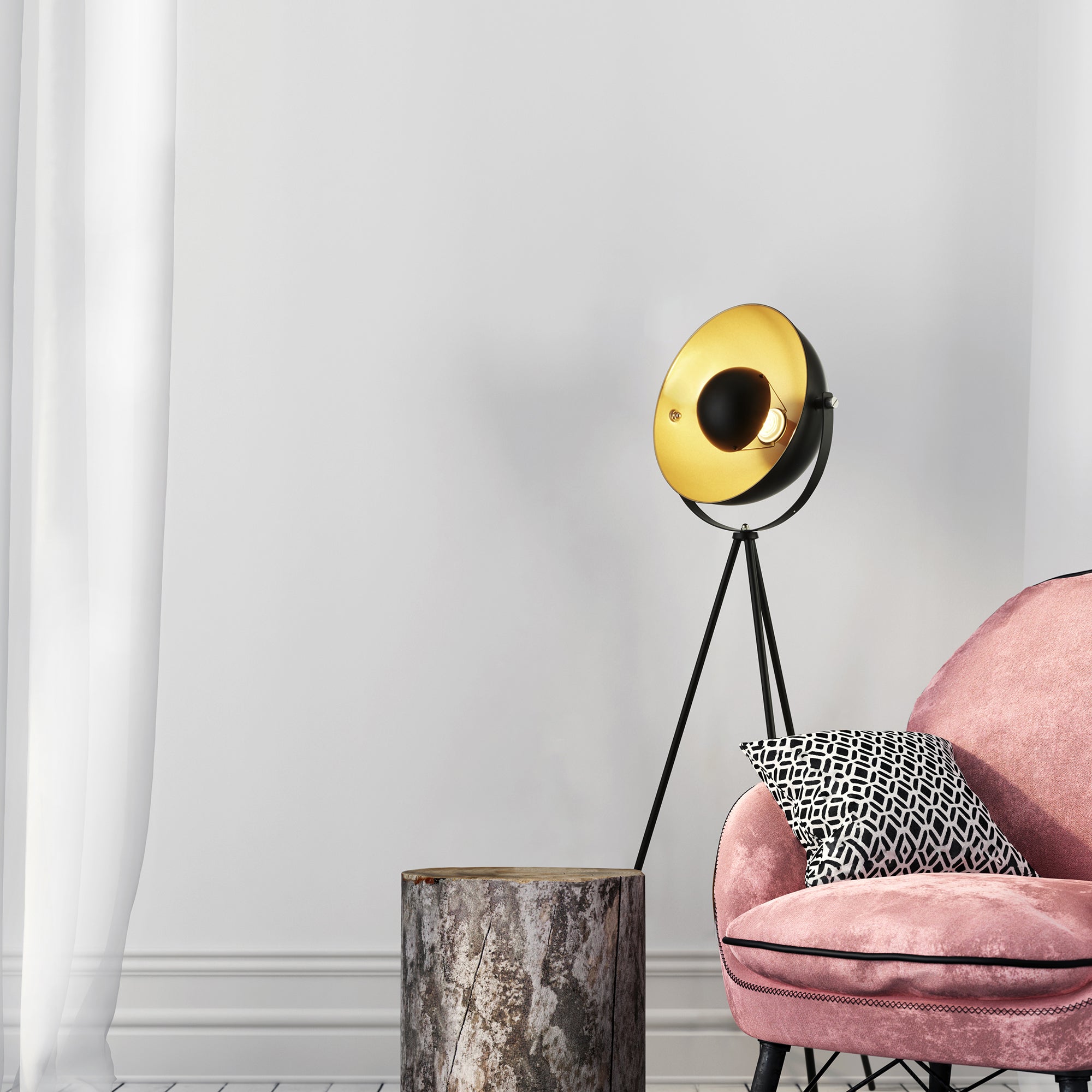 Searchlight Belgrave Single Tripod Floor Lamp, Matt Black With Gold Shade Interior