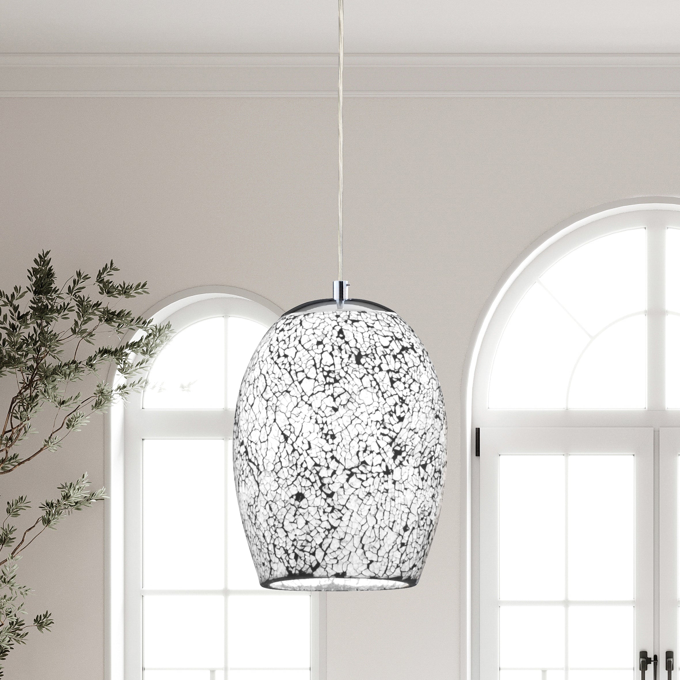 Searchlight Celia - Single Pendant, White Mosaic Glass & Satin Silver Suspension