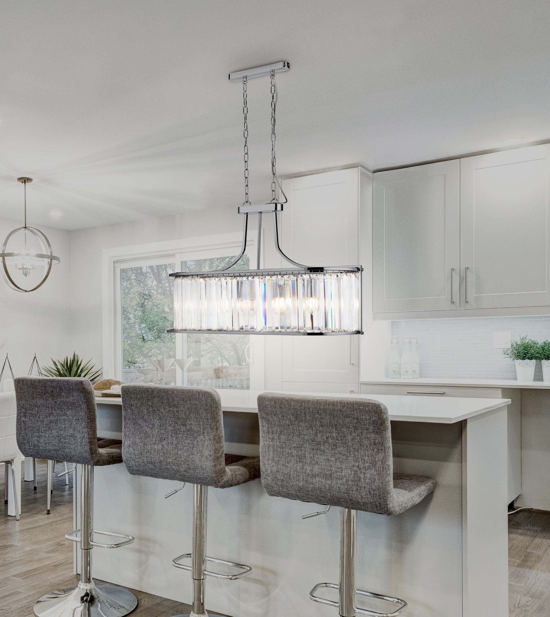 Searchlight Villier 5 Light Oval Pendant, Chrome With Crystal Glass