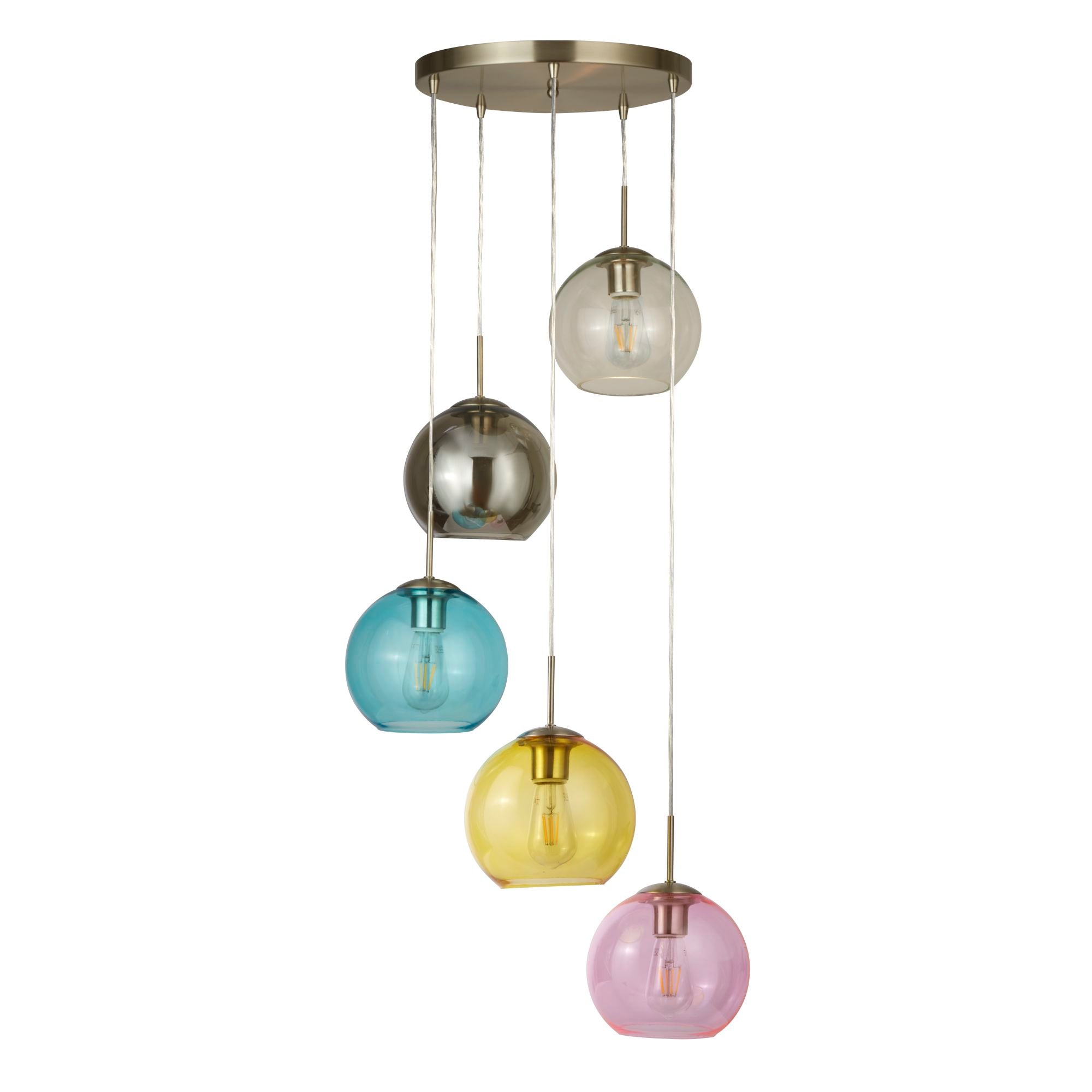 Searchlight Malwood 5 Light Pendant, Satin Silver With Multi Coloured Glass