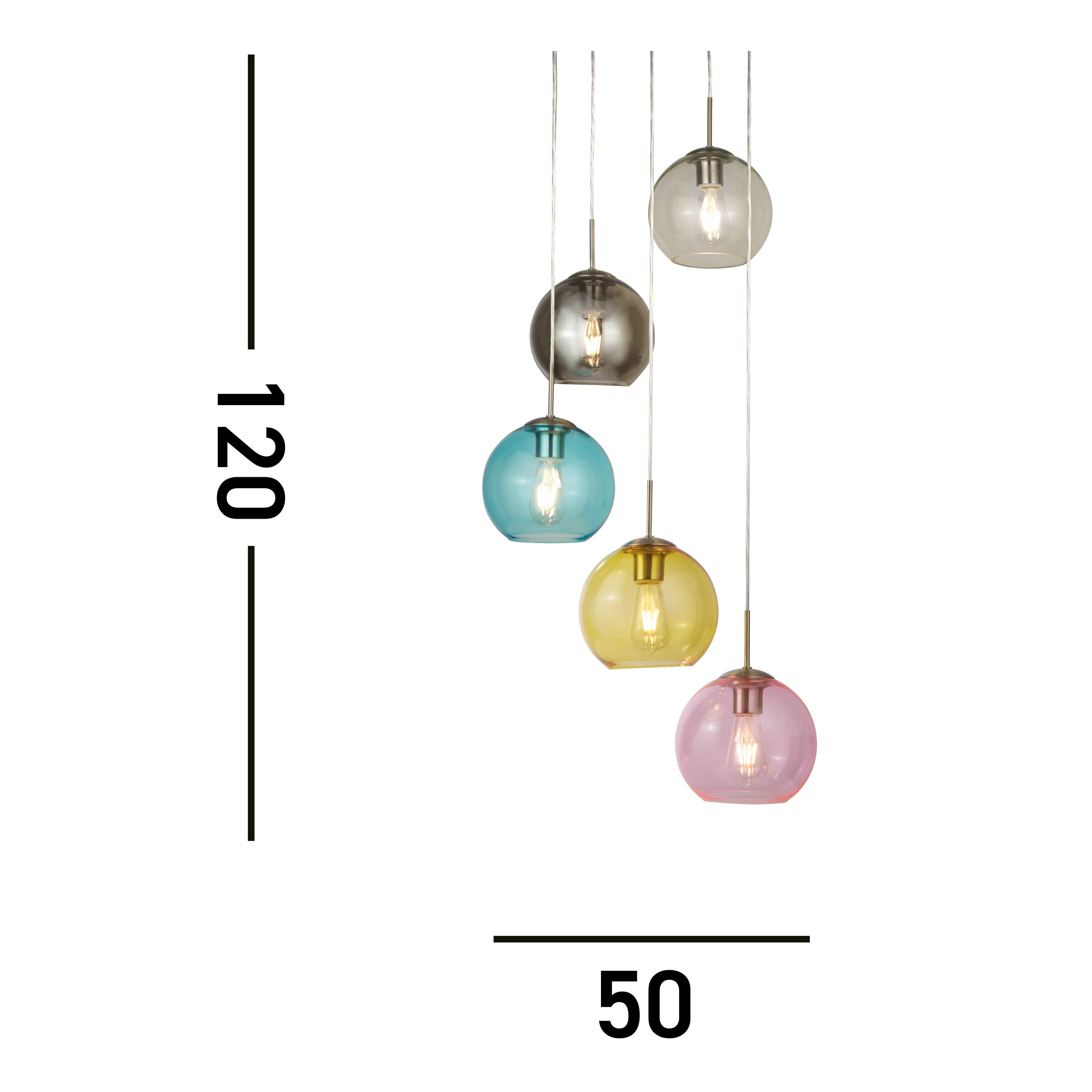 Searchlight Malwood 5 Light Pendant, Satin Silver With Multi Coloured Glass