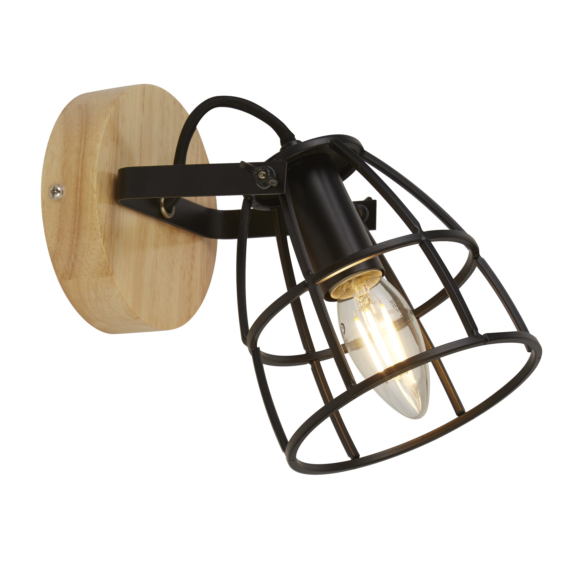 Searchlight Vermouth Cage Round Wall Light - Matt Black & Wood