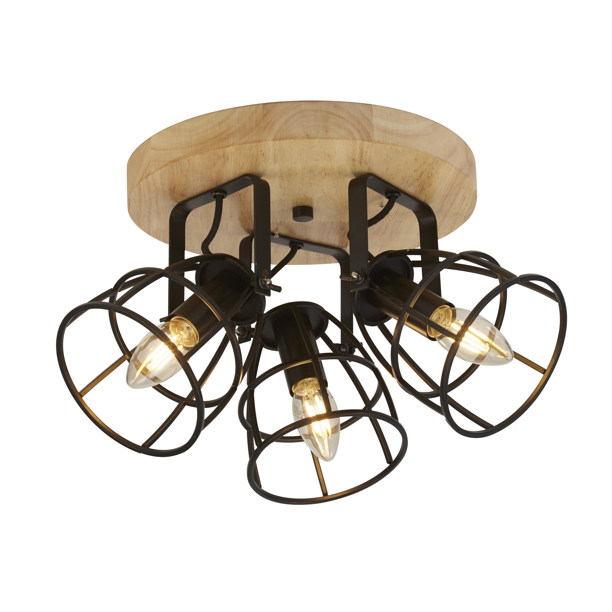 Searchlight Vermouth 3 Light Cage Round Ceiling Light - Matt Black & Wood