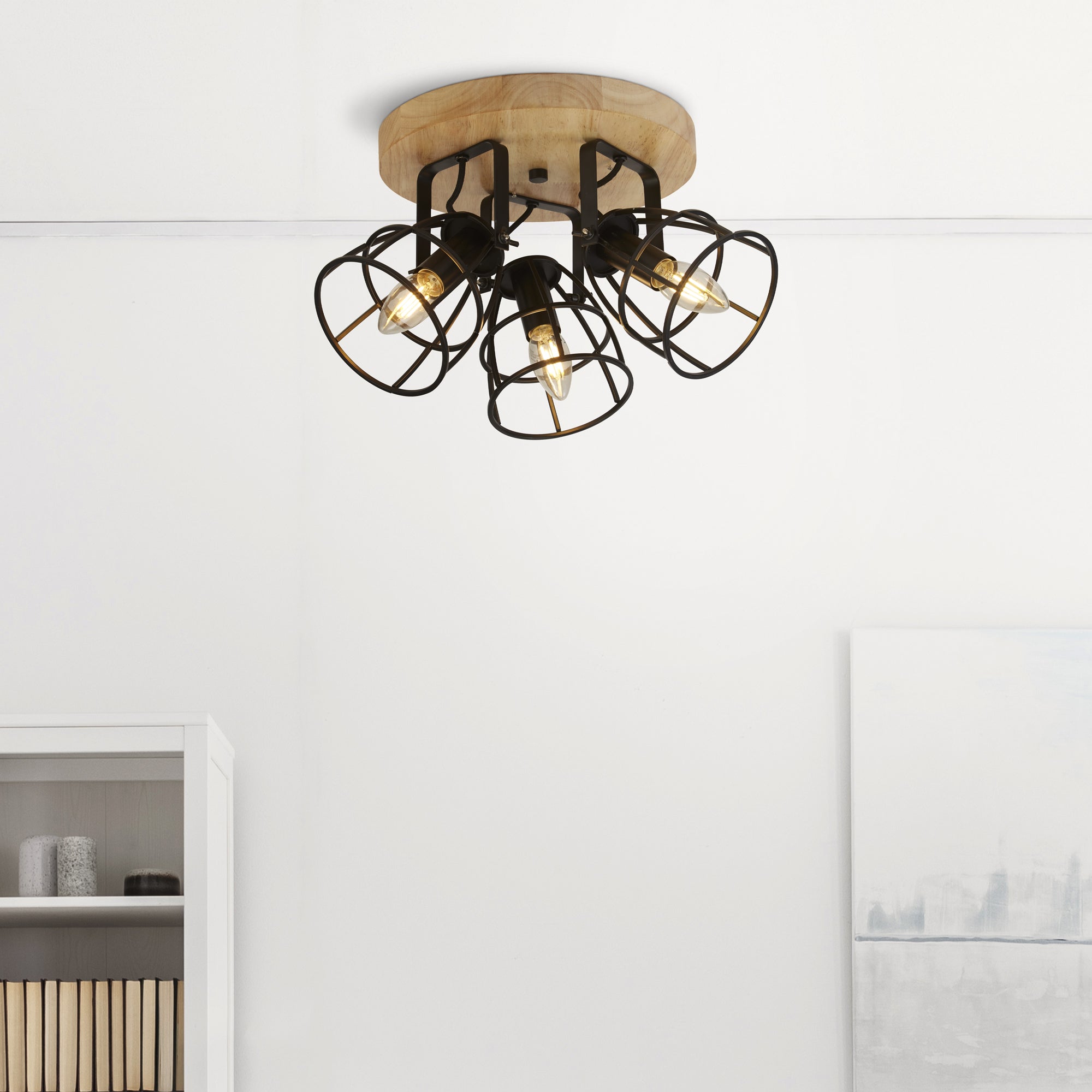 Searchlight Vermouth 3 Light Cage Round Ceiling Light - Matt Black & Wood