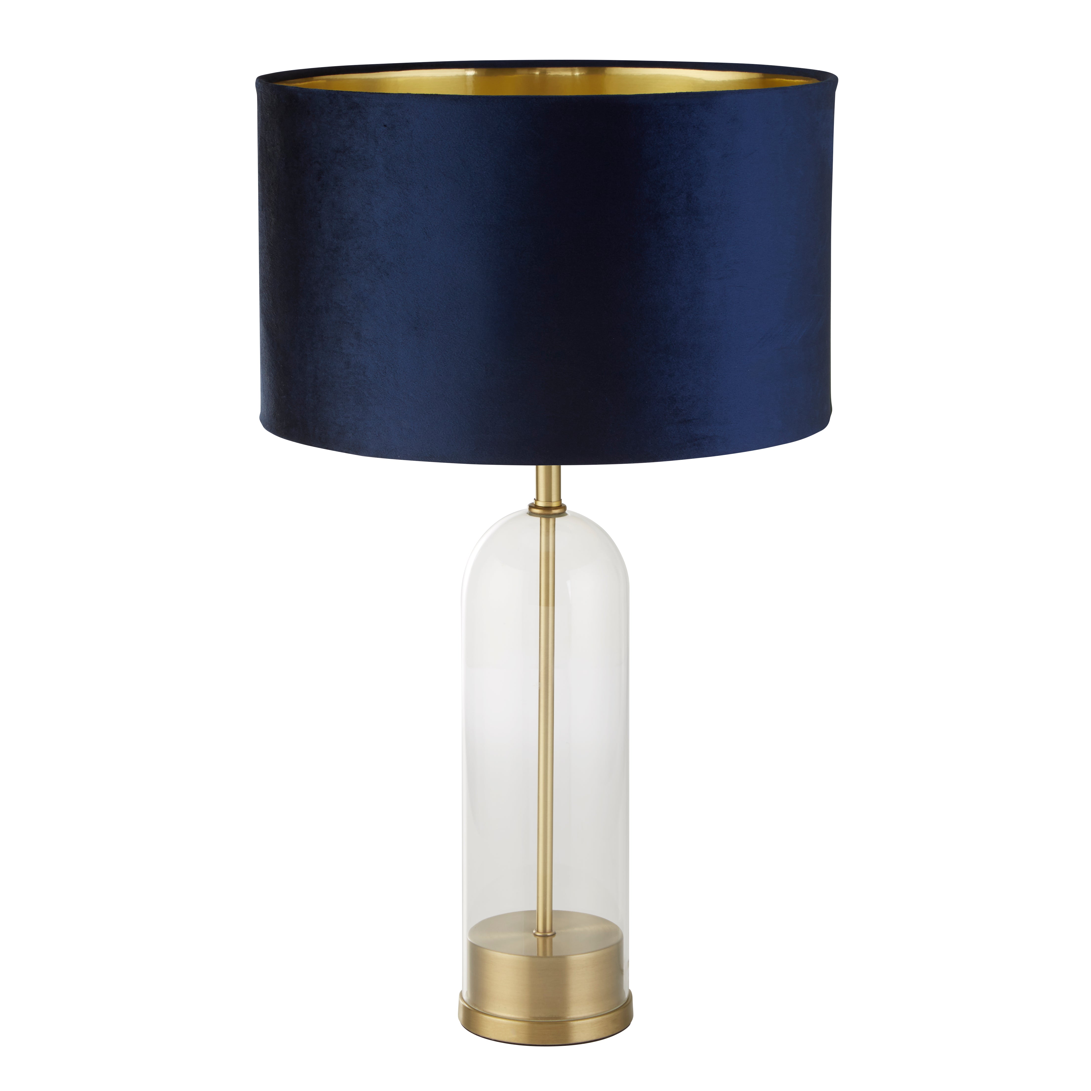 Searchlight Owen Table Lamp - Brass, Glass & Navy Velvet Shade