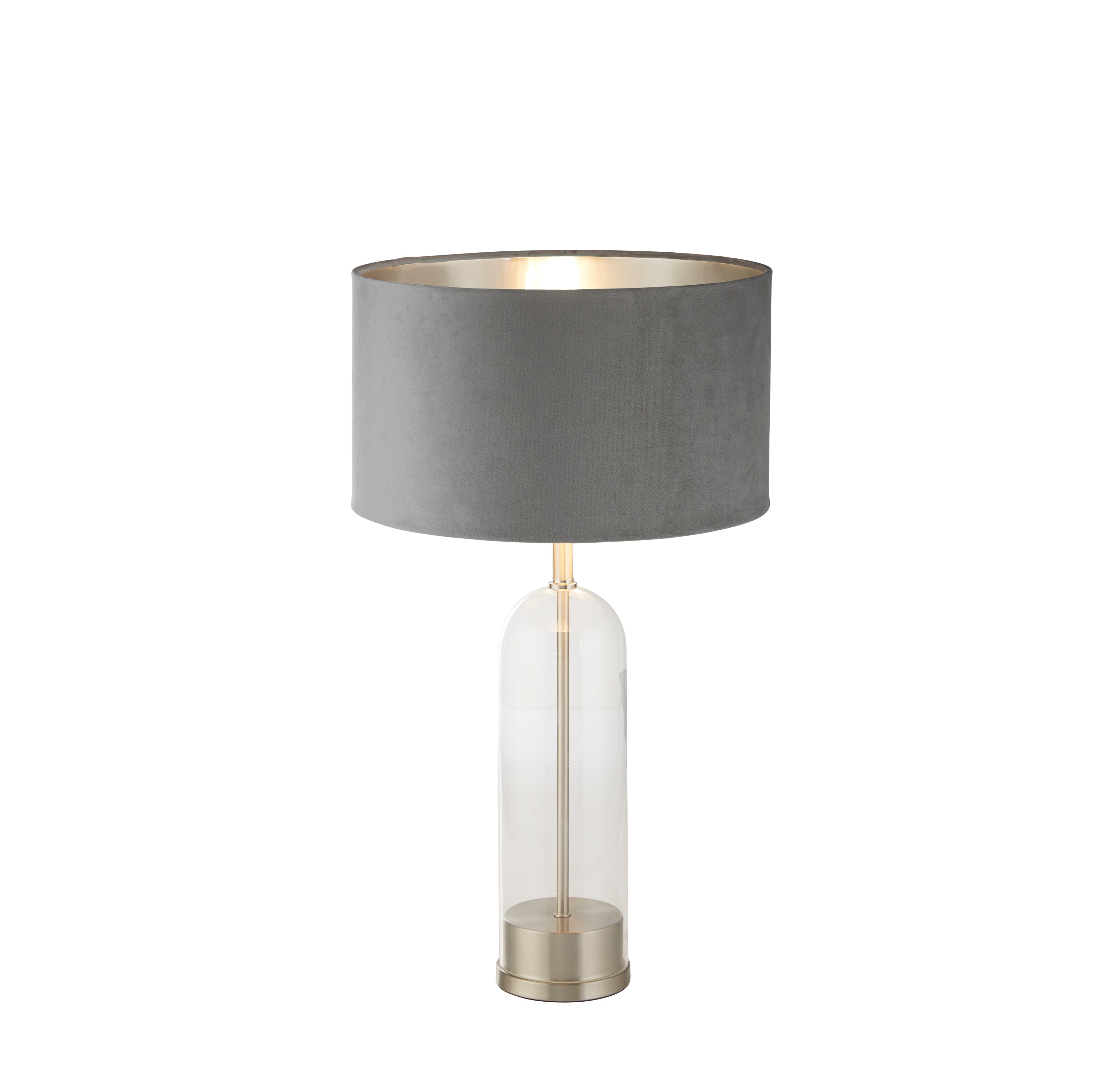 Searchlight Owen Table Lamp - Satin Nickel, Glass & Grey Velvet Shade