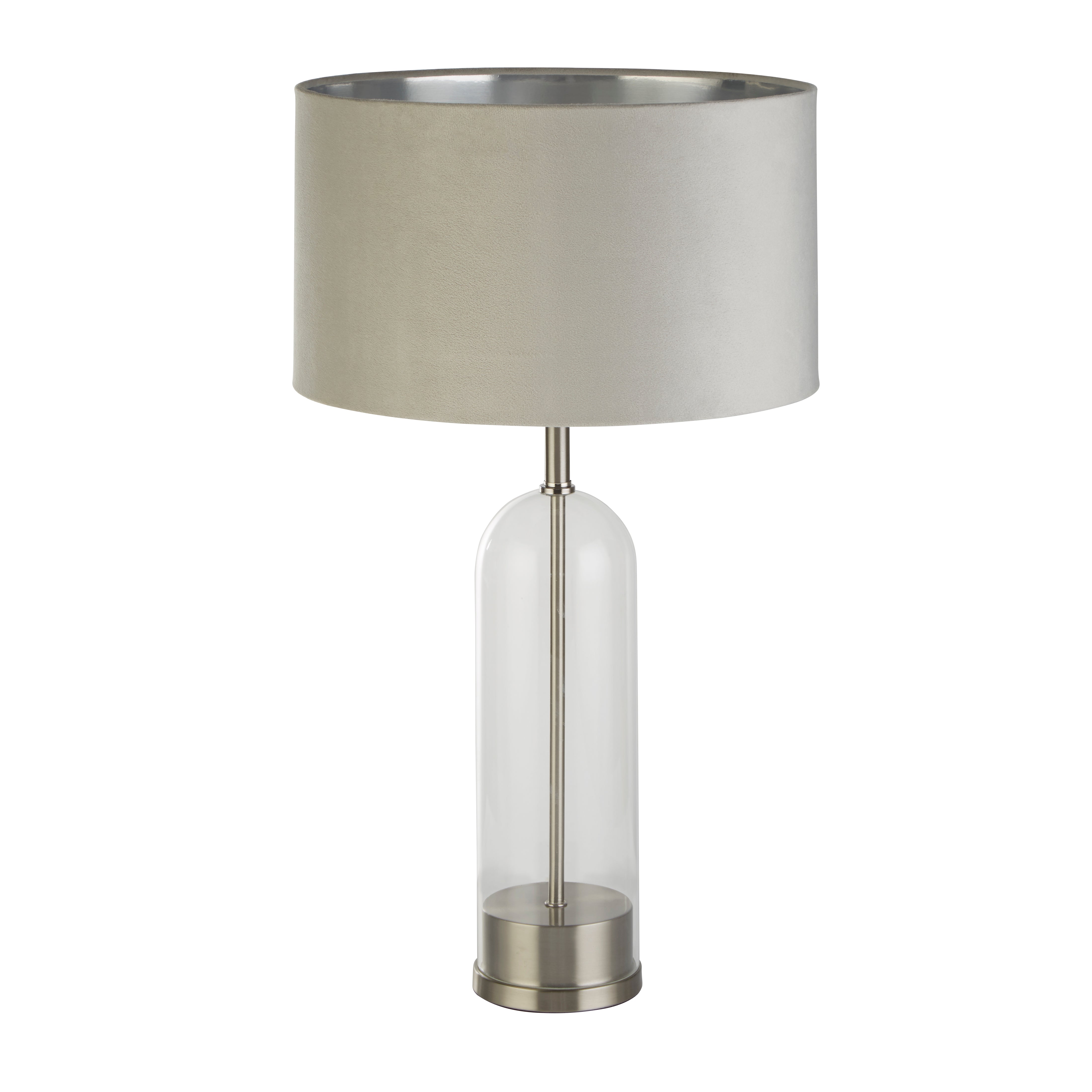 Searchlight Owen Table Lamp - Satin Nickel, Glass & Grey Velvet Shade