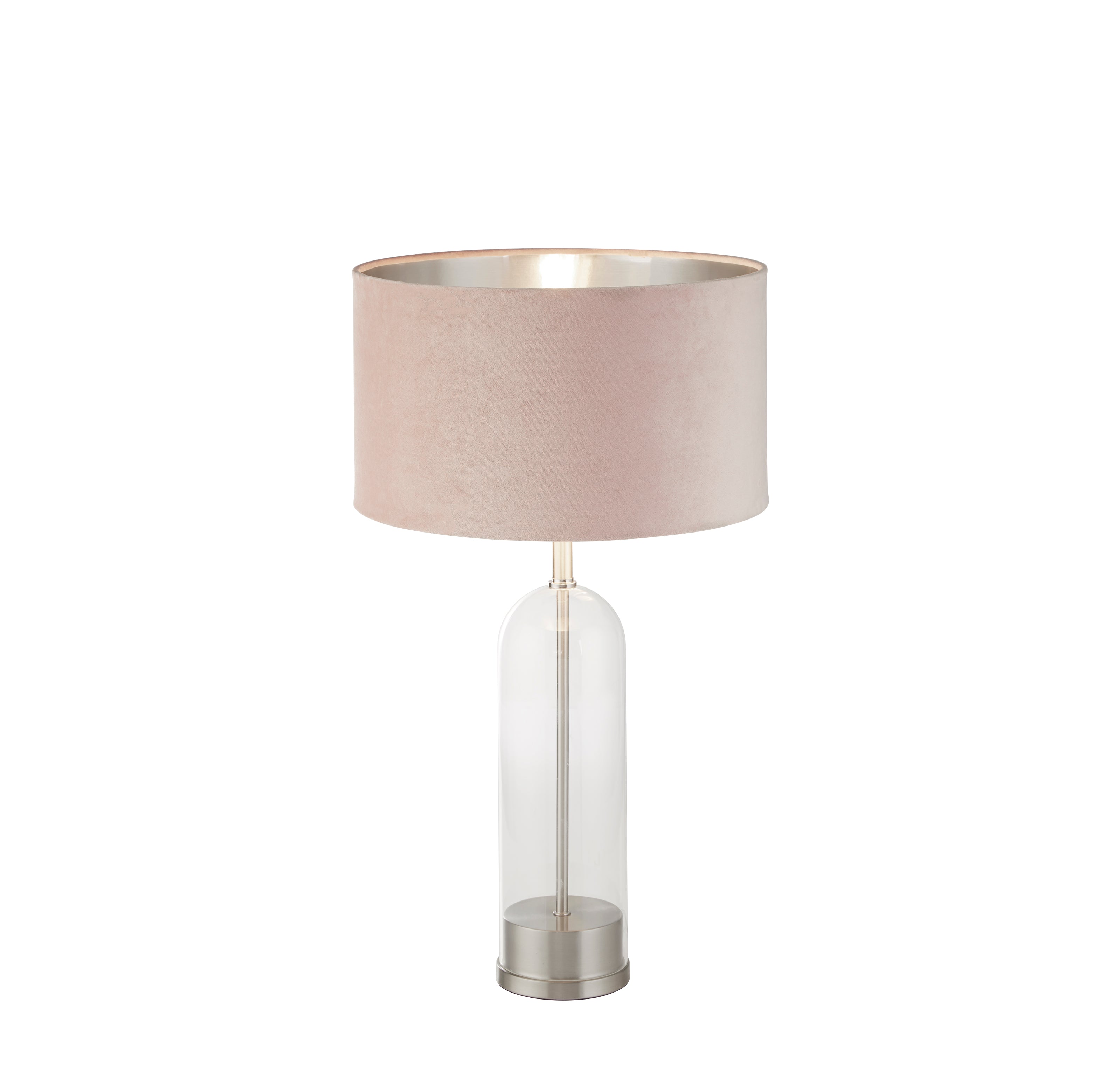 Searchlight Owen Table Lamp - Satin Nickel, Glass & Pink Velvet Shade