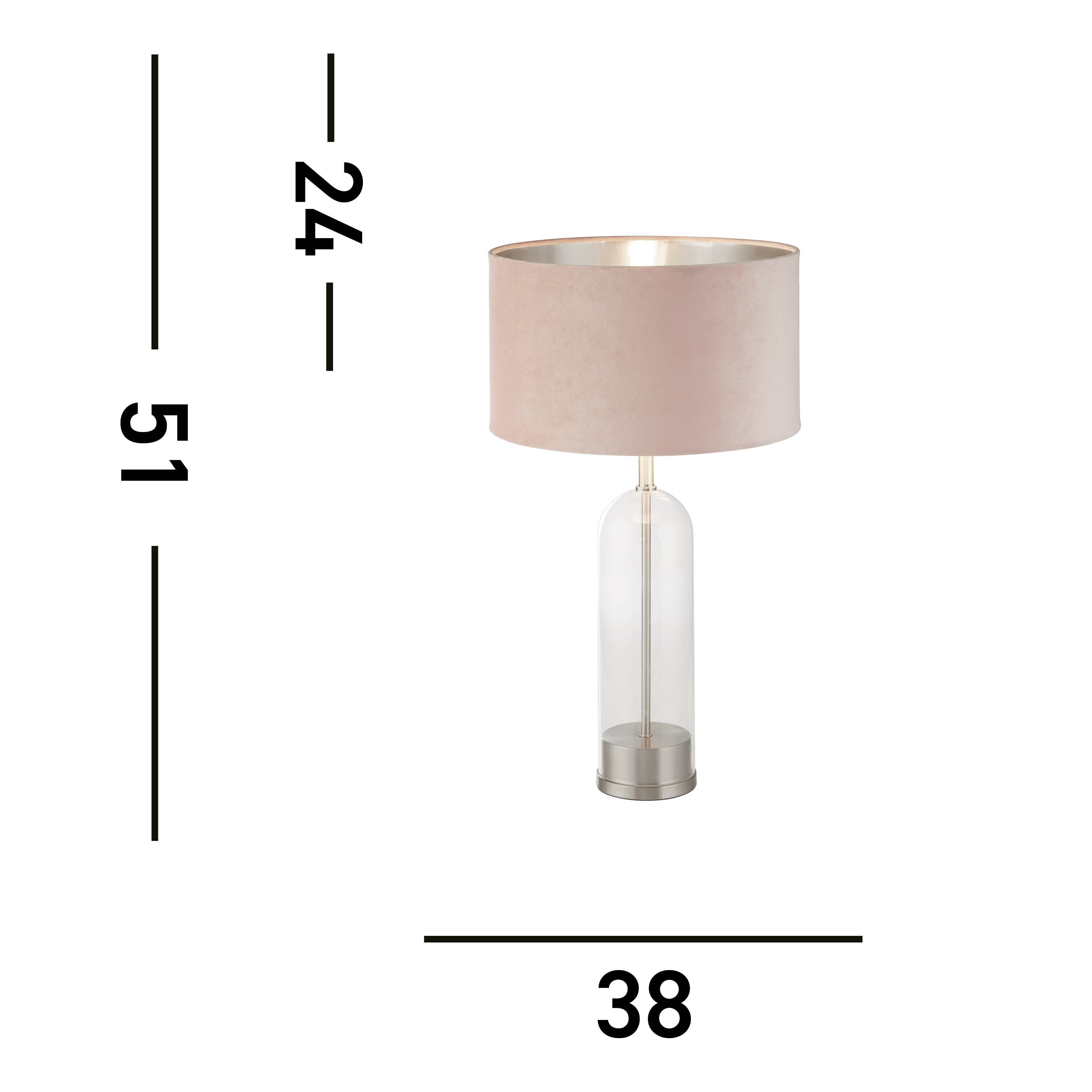 Searchlight Owen Table Lamp - Satin Nickel, Glass & Pink Velvet Shade