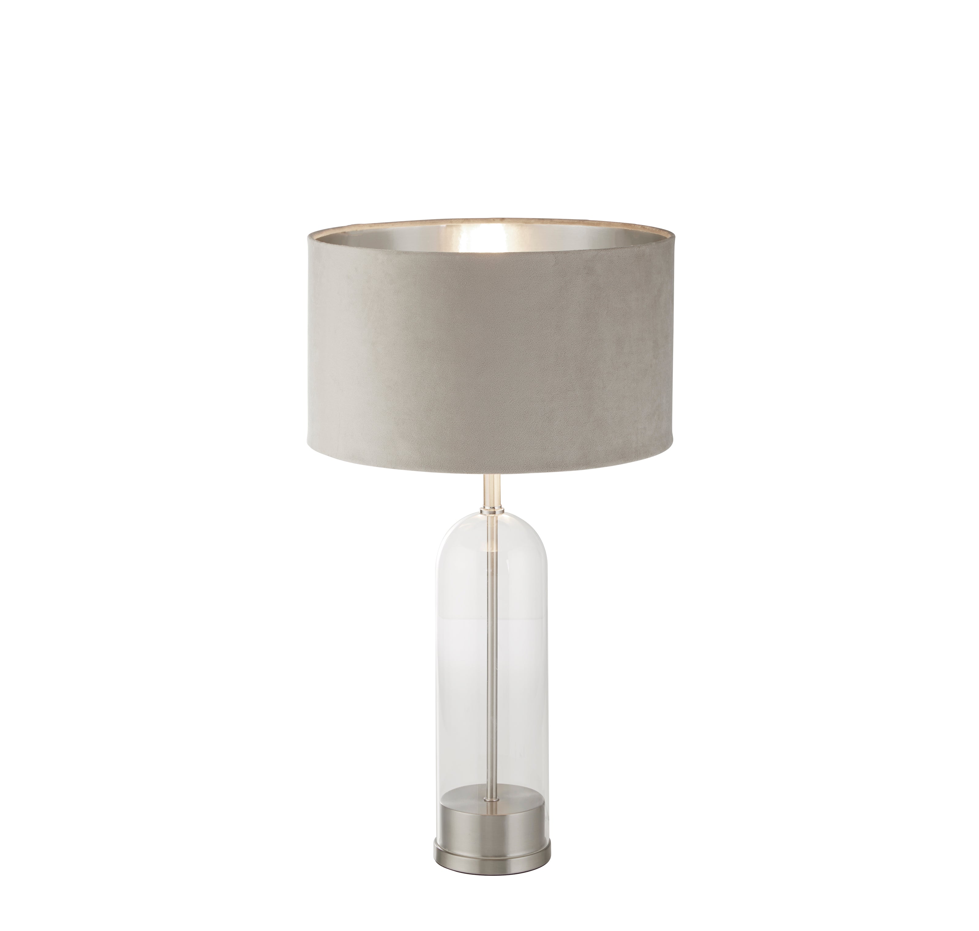 Searchlight Owen Table Lamp - Satin Nickel, Glass & Taupe Velvet Shade