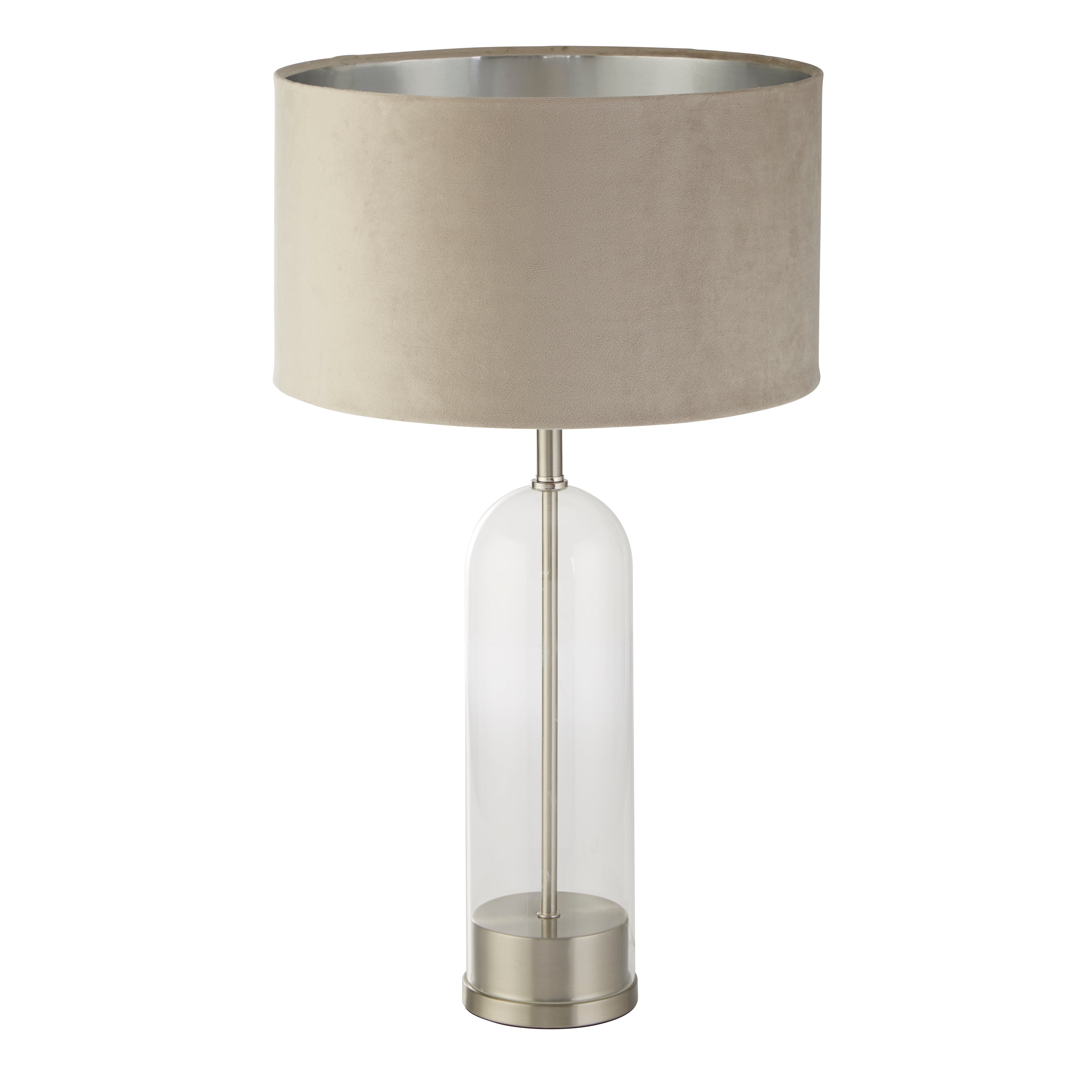 Searchlight Owen Table Lamp - Satin Nickel, Glass & Taupe Velvet Shade