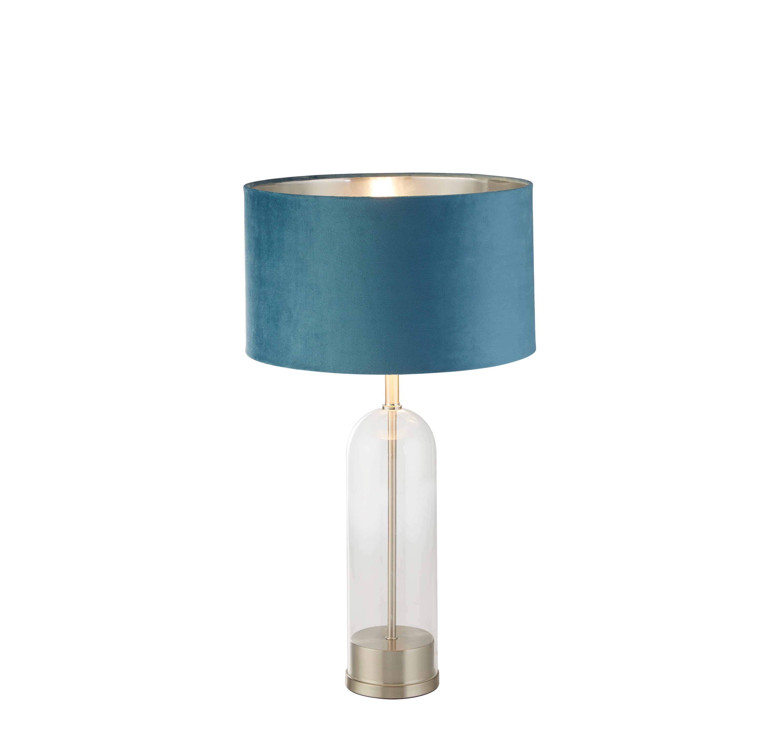 Searchlight Owen Table Lamp - Satin Nickel, Glass & Teal Velvet Shade